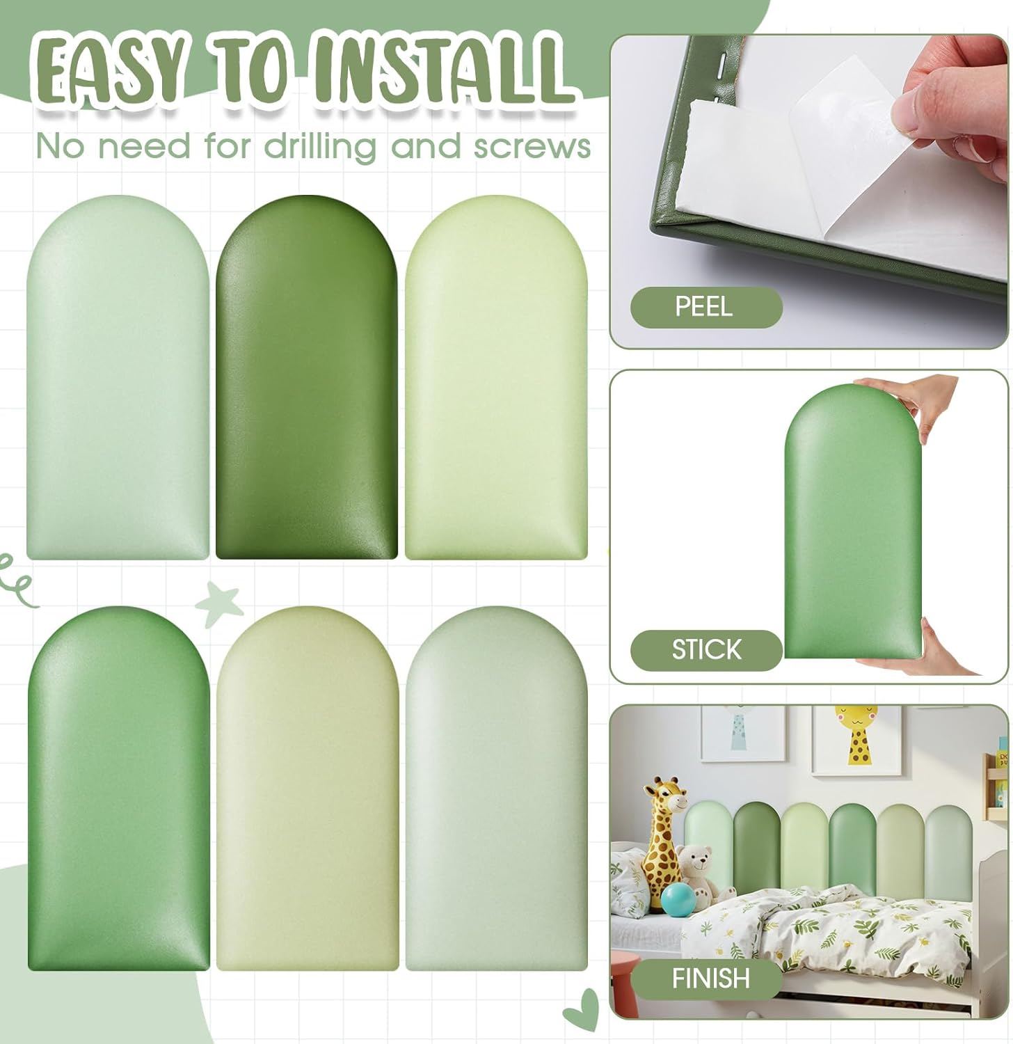 Jetec 6 Pcs Wall Padding for Kids with Autism Playroom Anti Collision 3D 15. 75 x 7. 87 Inch Peel and Stick Headboard Upholstered Wall Panels for Nursery Protection(Green Series)