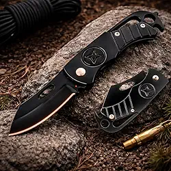 Canivete Dobrável Inox Preta 69 g – Compacta, Leve e Multifuncional – Lâmina Cleaver Corta Corda, Trava Liner, Gancho para Cordão, Uso Militar, Trilha e Urbano com Design Ergonômico Antiderrapante