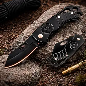 Canivete Dobrável Inox Preta 69 g – Compacta, Leve e Multifuncional – Lâmina Cleaver Corta Corda, Trava Liner, Gancho para Cordão, Uso Militar, Trilha e Urbano com Design Ergonômico Antiderrapante