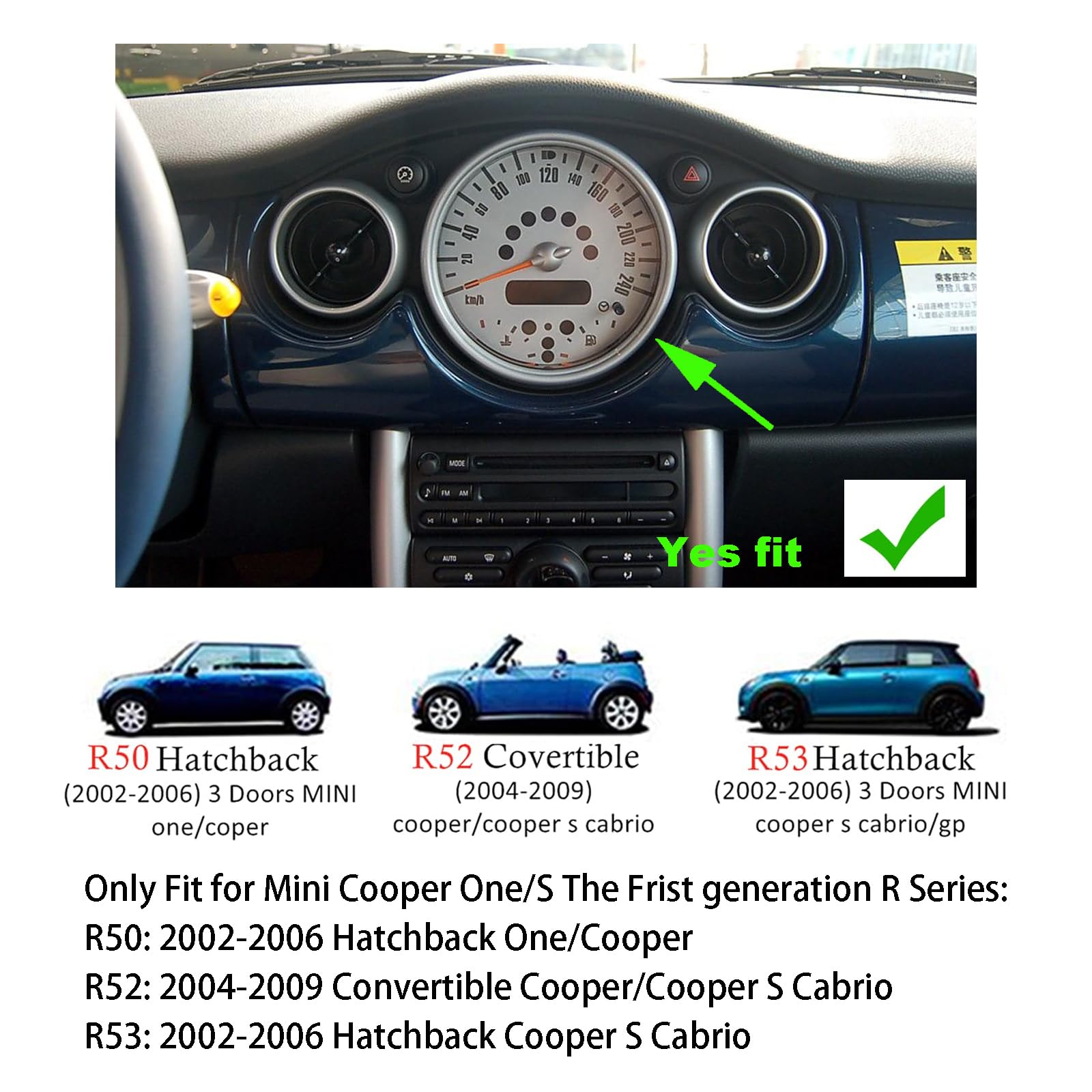 Mini R50 R52 R53 2002–2006 – Ensembles d'accessoires d'intérieur pour Mini Cooper One/S/JCW R50 R52 R53 (Compteur de Vitesse, Motif Fibre de Carbone)