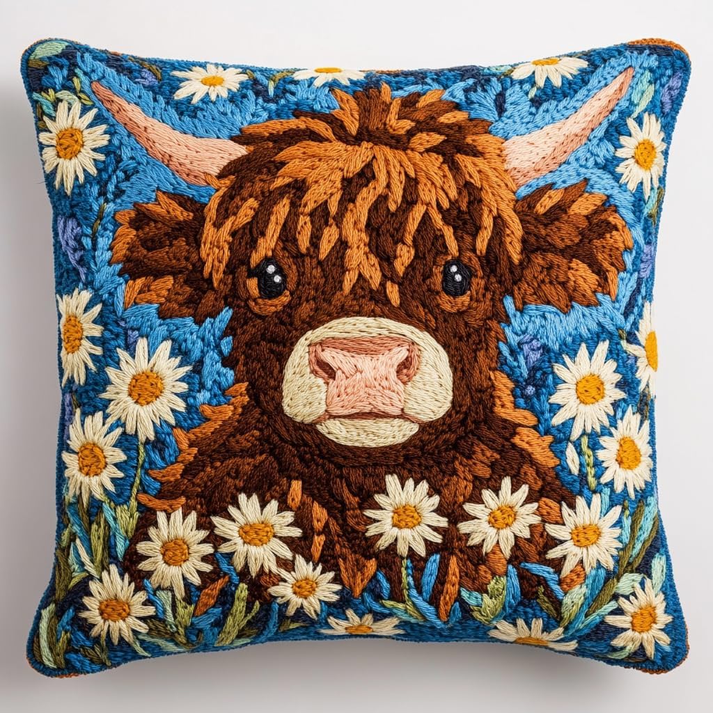 DIY Punch Needle Pillow Kit Cute Highland Cow Daisy Flowers with Pattern and Hoop Handmade Embroidery Punch Needle Starter Pillowcase Set for Home Sofa Decor 43x43cm-1-48
