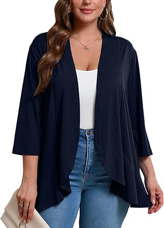 AusLook Plus Size 3/4 Sleeve Cardigan for Women Lightweight Open Front Ruffle Hem Summer Shrug Layering Top for Dresses 1X-5X