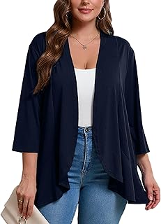 Women's Plus Size 3/4 Sleeves Lightweight Open Front Cardigan Draped Ruffles Shawls and Wraps Shrugs Kimono Jacket