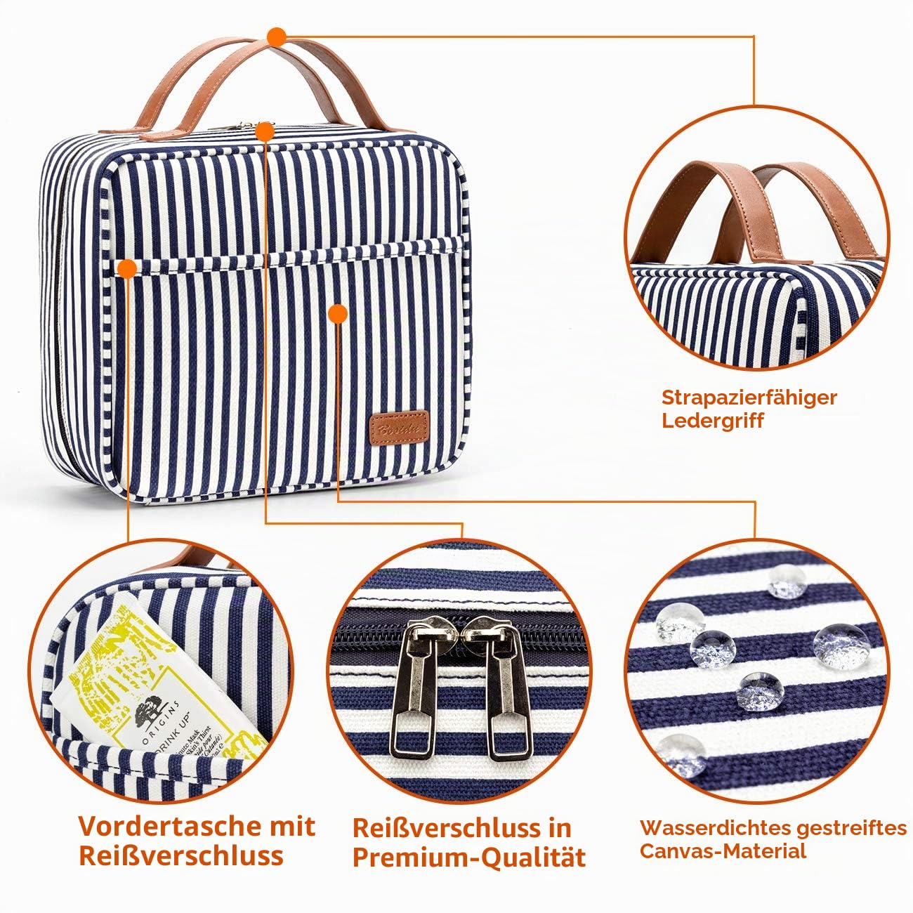 Kulturbeutel, zum Aufhängen, große Kapazität, wasserdichte Kosmetiktasche, Make-up-Organizer mit 4 Fächern und stabilem Haken für Damen und Herren Marineblau und Weiß gestreift Large