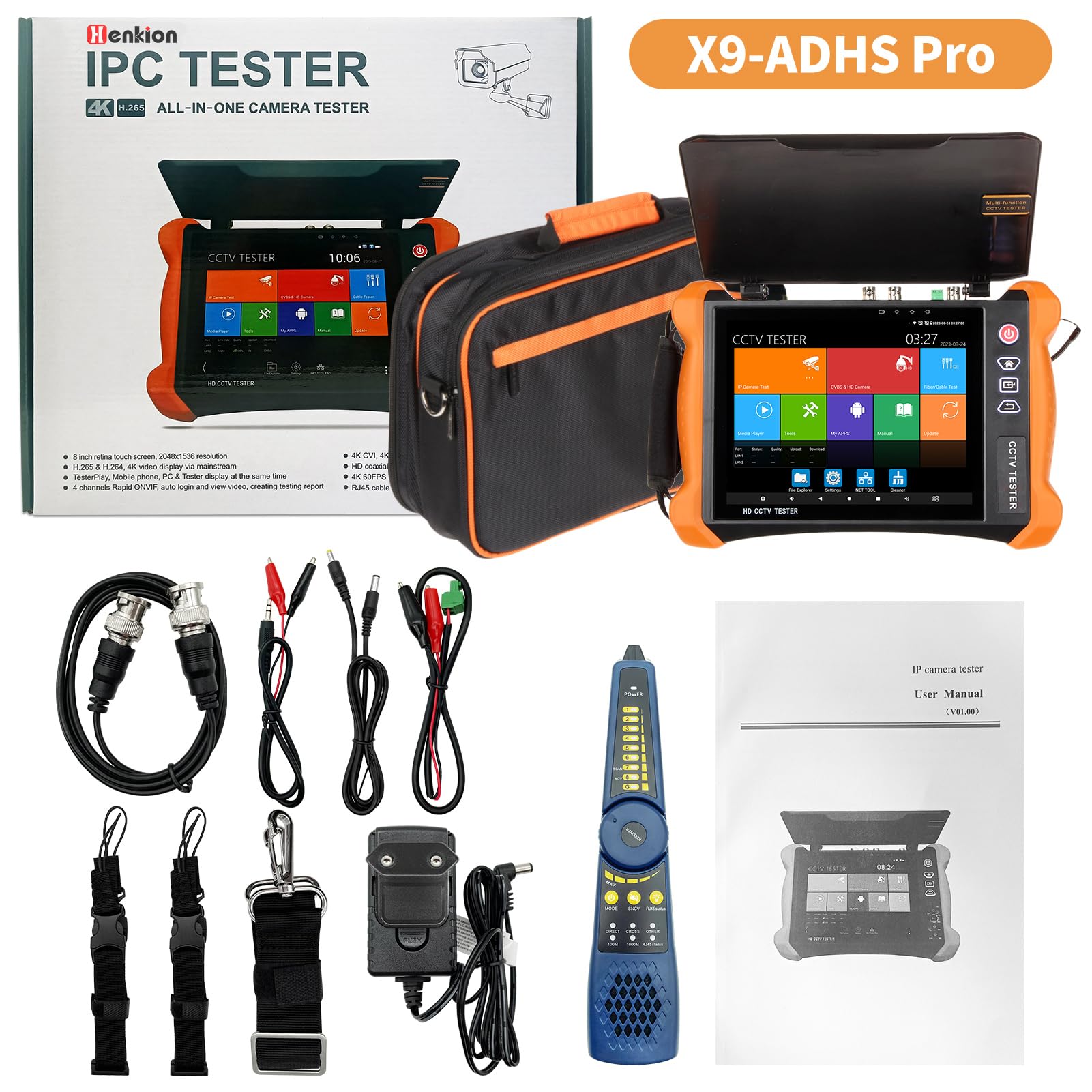Henkion IPC CCTV Tester X9-ADHS Pro Mit 8 Zoll IPS Touchscreen Monitor, CCTV-Kameratester Unterstützt 8K 32MP IP Und 4K 8MP TVI CVI AHD SDI-Kameratests, Netzwerktester 90W POE++ HD I/O WiFi RS485 RJ45