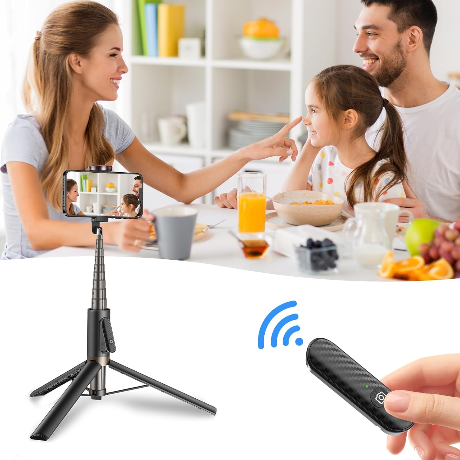 Family using remote with tripod