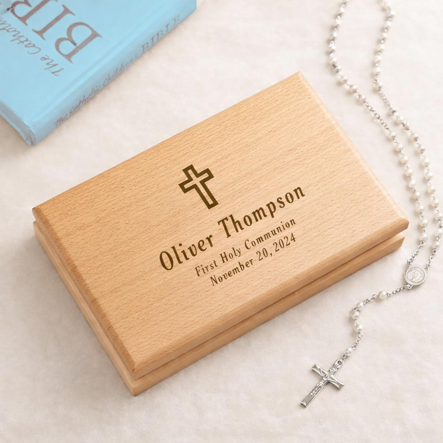 Personalized First Communion Cross Valet Box - Religious Keepsake Box Custom Engraved Name and Message - Beech Wood 1st Communion Jewelry and Rosary Storage with Felt Lining - 7.5 x 4.75 x 1.6 in