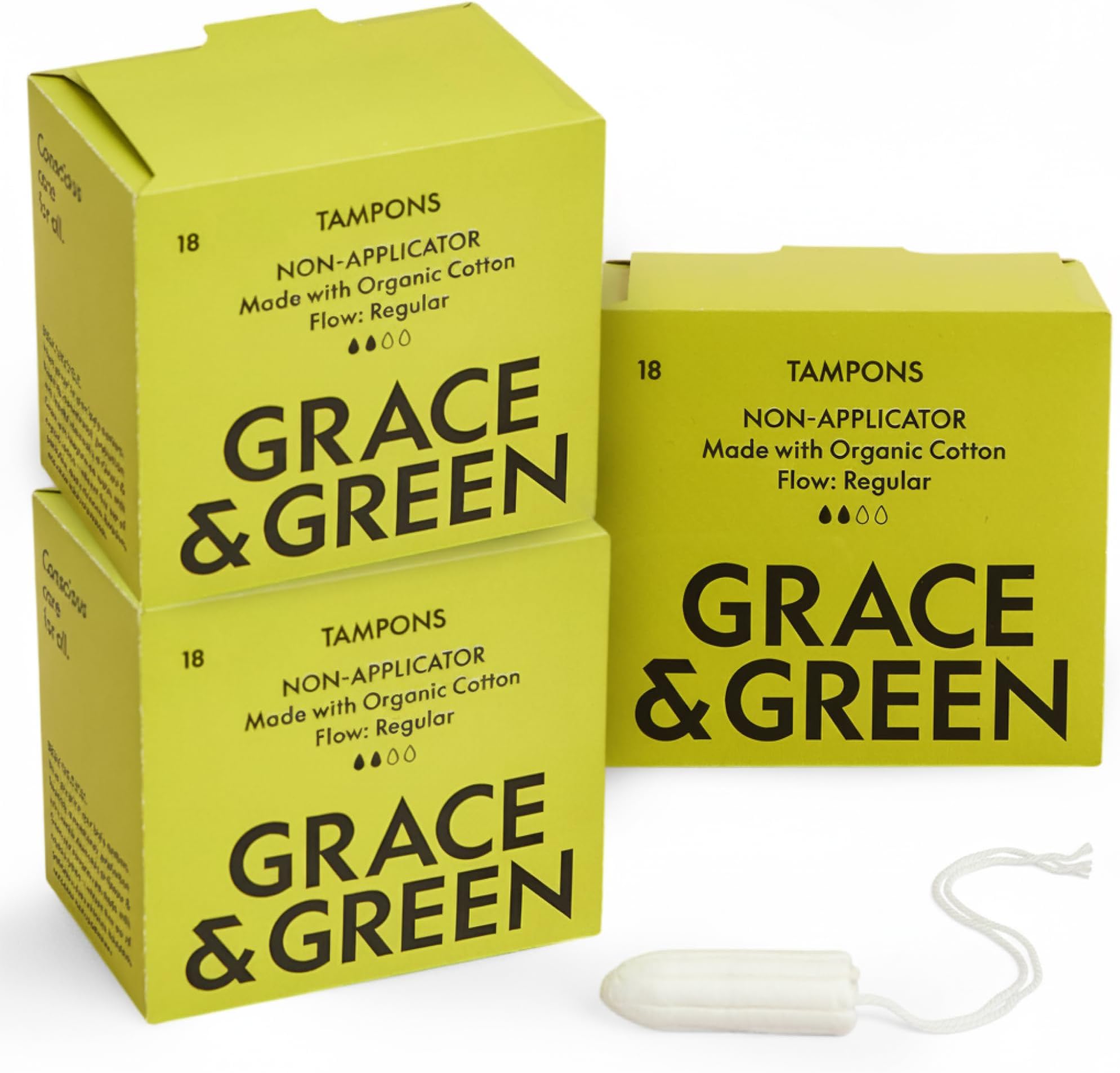 Grace & Green 54 Non-Applicator Tampons - Regular Size | Eco-Friendly Period Products | Biodegradable Packaging | B-Corp Certified | Safe & Sustainable | 3 x 18 Pack | No Dye, Bleach or Fragrance