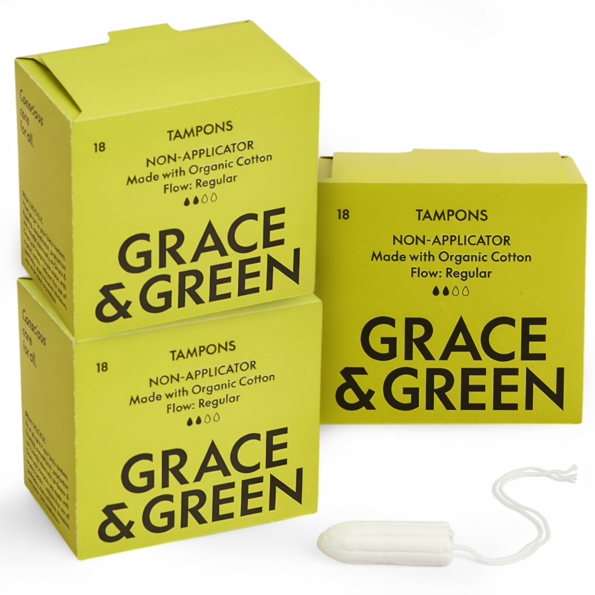Grace & Green 54 Non-Applicator Tampons - Regular Size | Eco-Friendly Period Products | Biodegradable Packaging | B-Corp Certified | Safe & Sustainable | 3 x 18 Pack | No Dye, Bleach or Fragrance