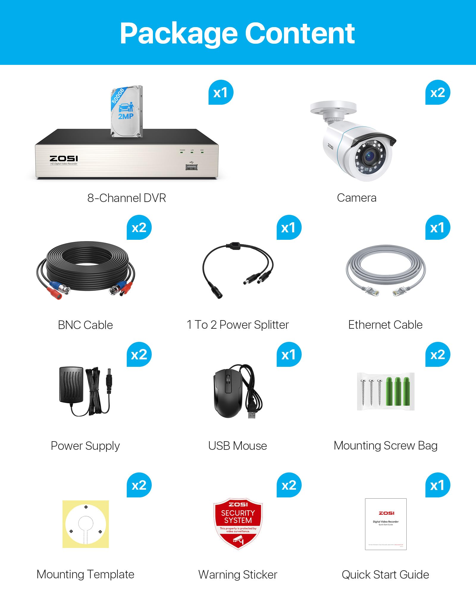 ZOSI Sistema CCTV 1080P 2MP DVR 8CH 2 Cámara de Seguridad Cableada con Disco Duro 500GB Visión Nocturna