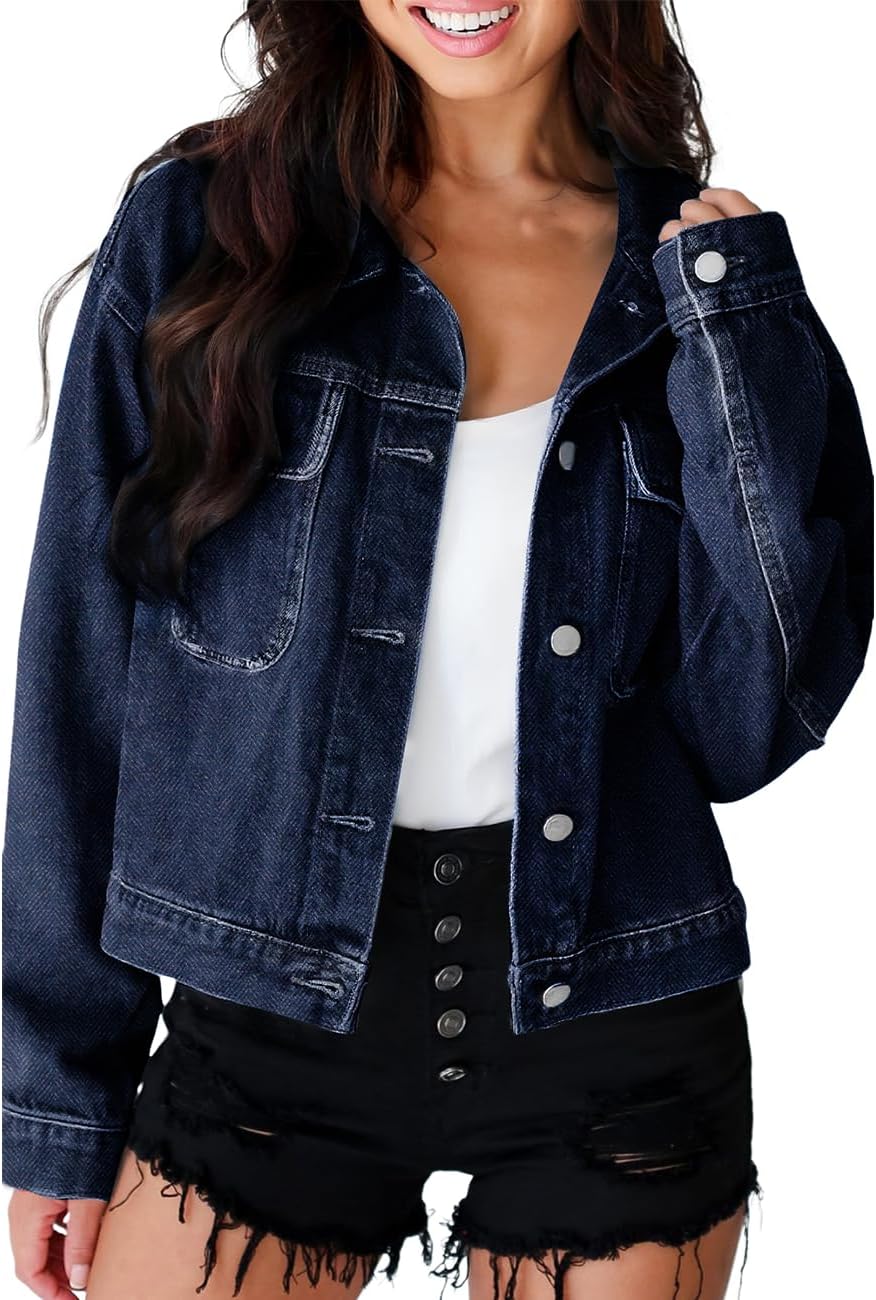 Ecosunny Womens Casual Long Sleeve Button Down Shirt Jacket Checkered Patchwork Denim Jacket Lightweight Coat Tops