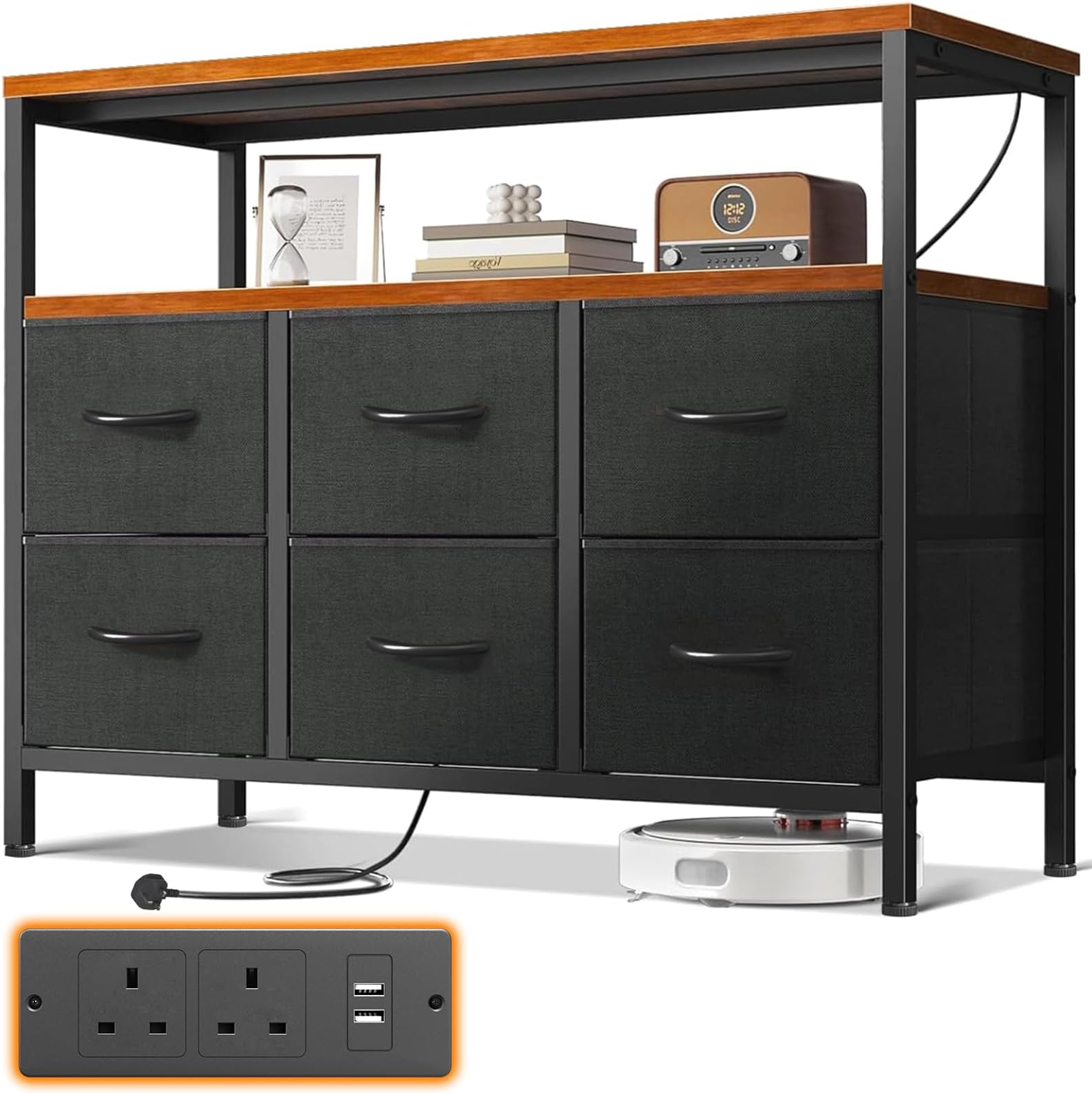 ODK Chest of Drawers Bedroom with 6 Drawers, Fabric Storage Drawers with 2 USB and 2 Sockets, Dresser Suitable for Bedrooms, Living Rooms, Sturdy Storage Dresser with Shelves, Retro Color