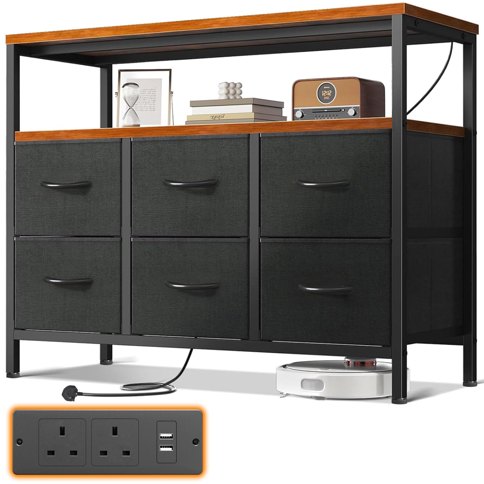 ODK Chest of Drawers Bedroom with 6 Drawers, Fabric Storage Drawers with 2 USB and 2 Sockets, Dresser Suitable for Bedrooms, Living Rooms, Sturdy Storage Dresser with Shelves, Retro Color