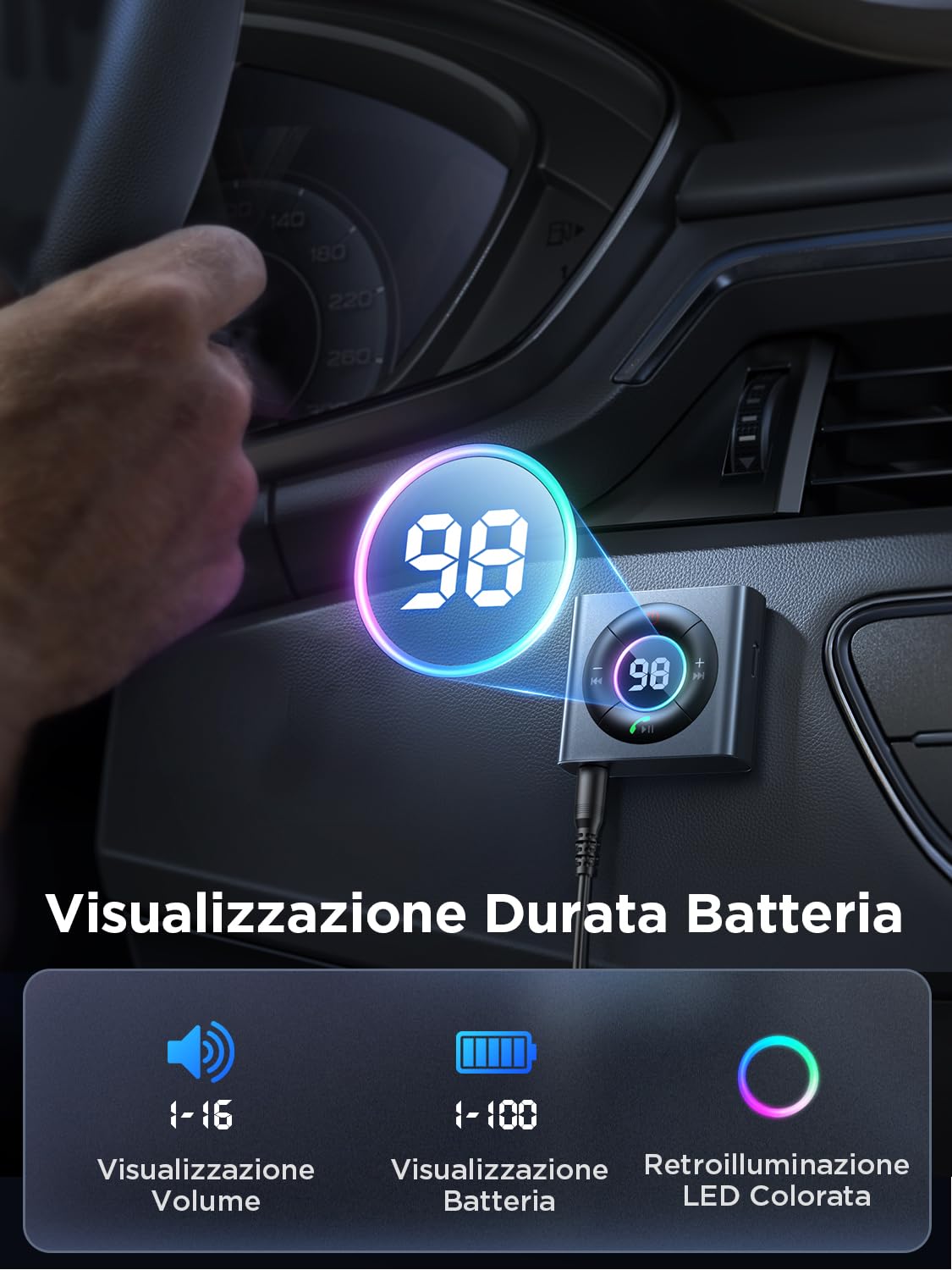 JOYROOM Ricevitore Bluetooth 5.4 Auto Bass Stereo, Jack Aux 3,5mm Chiamate in Vivavoce, 26 Ore Autonomia