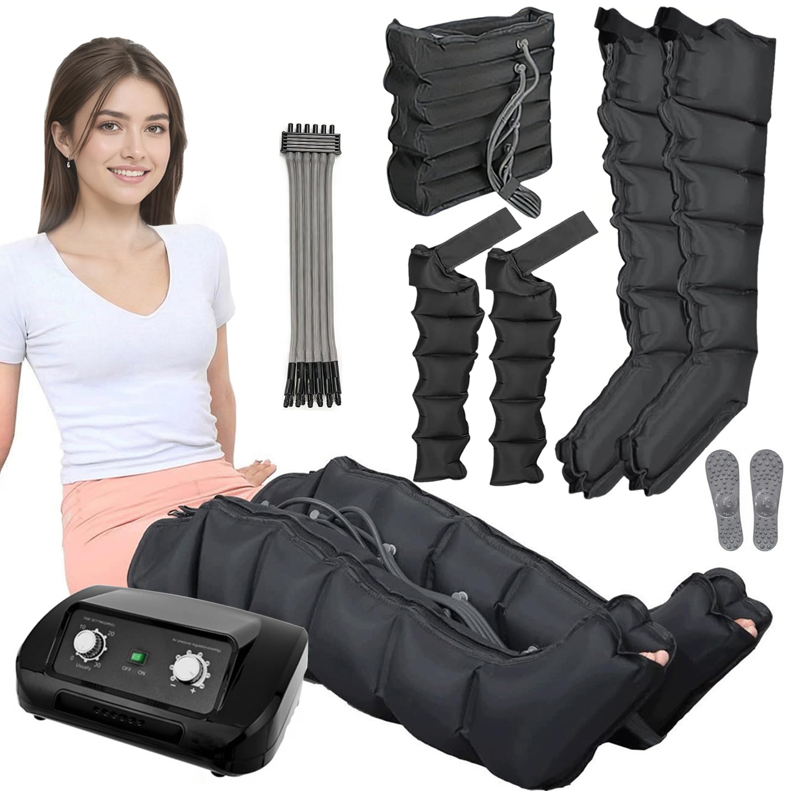 Lymphdrainage Gerät Beine | Lymphdrainage Gerät Bein Bei Lipödem Massagegerät | 6 Luftkammern Beinmassagegerät | Professionelle Pressotherapie Massagegerät (Schwarz 2 Beine+2Arme+Bauch, Groß)
