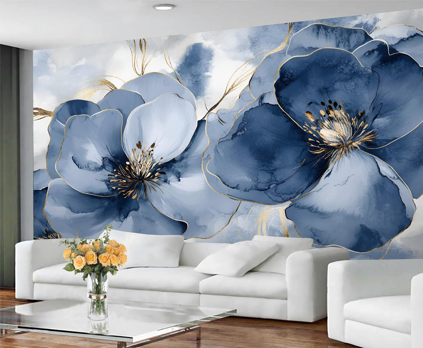 GIVLWF Wallpaper - Watercolor Floral Mural & Home Decor, Blue Flowers Bedroom Wallpaper, Nordic Luxury Wall Paper for Living Room, Large Mural, Not Self Adhesive