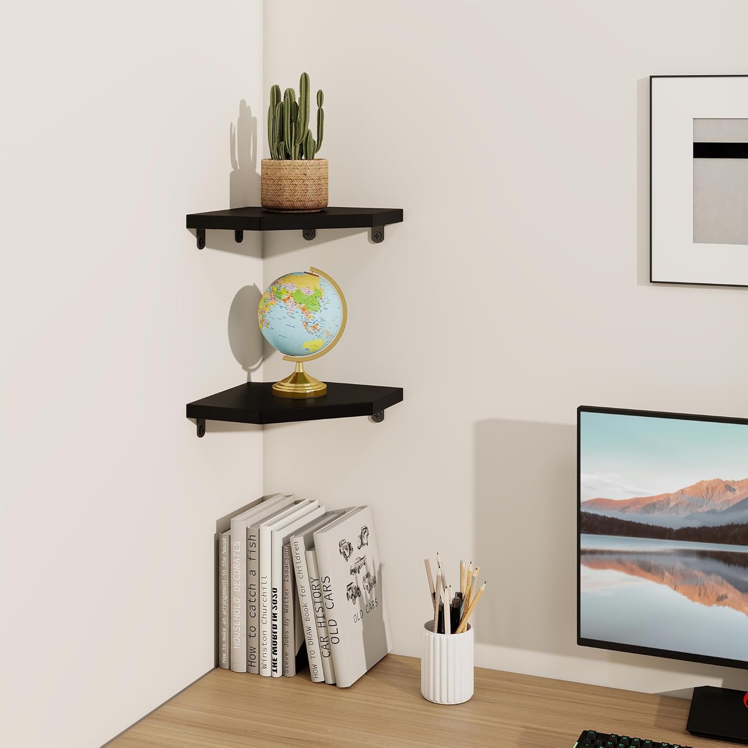 Fun Memories Corner Shelf Wall Mount Set of 2 - Solid Oak Wood Floating Corner Shelf with Cable Hole, 7in Rustic Design for Bedroom, Living Room, Kitchen (Black)