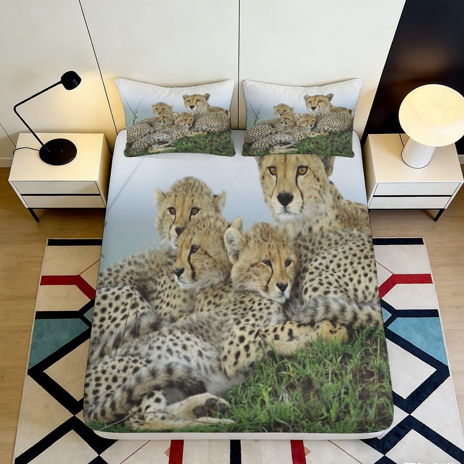3D Printed Cheetah Family Fitted Sheet Microfiber Soft Animal Bed Cover for Bedroom Dorm Mattress Decor Washable 90x200x25cm