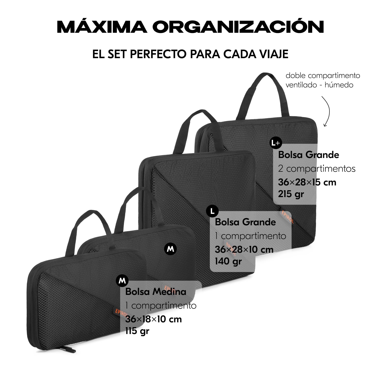Organizador Maleta - Bolsas Compresión Viaje - Bolsas Organizadoras Maleta - Packing Cubes Travel Essentials - Accesorios viaje Regalo Para Viajeros (Negro)