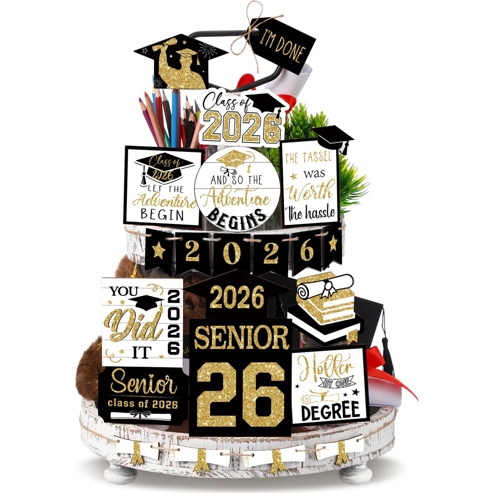Anglechic 22 Pcs 2026 Graduation Tiered Tray Decor Sets Wooden Graduation Class of 2026 Table Decorations Senior 2026 Gown Diploma Farmhouse Signs for