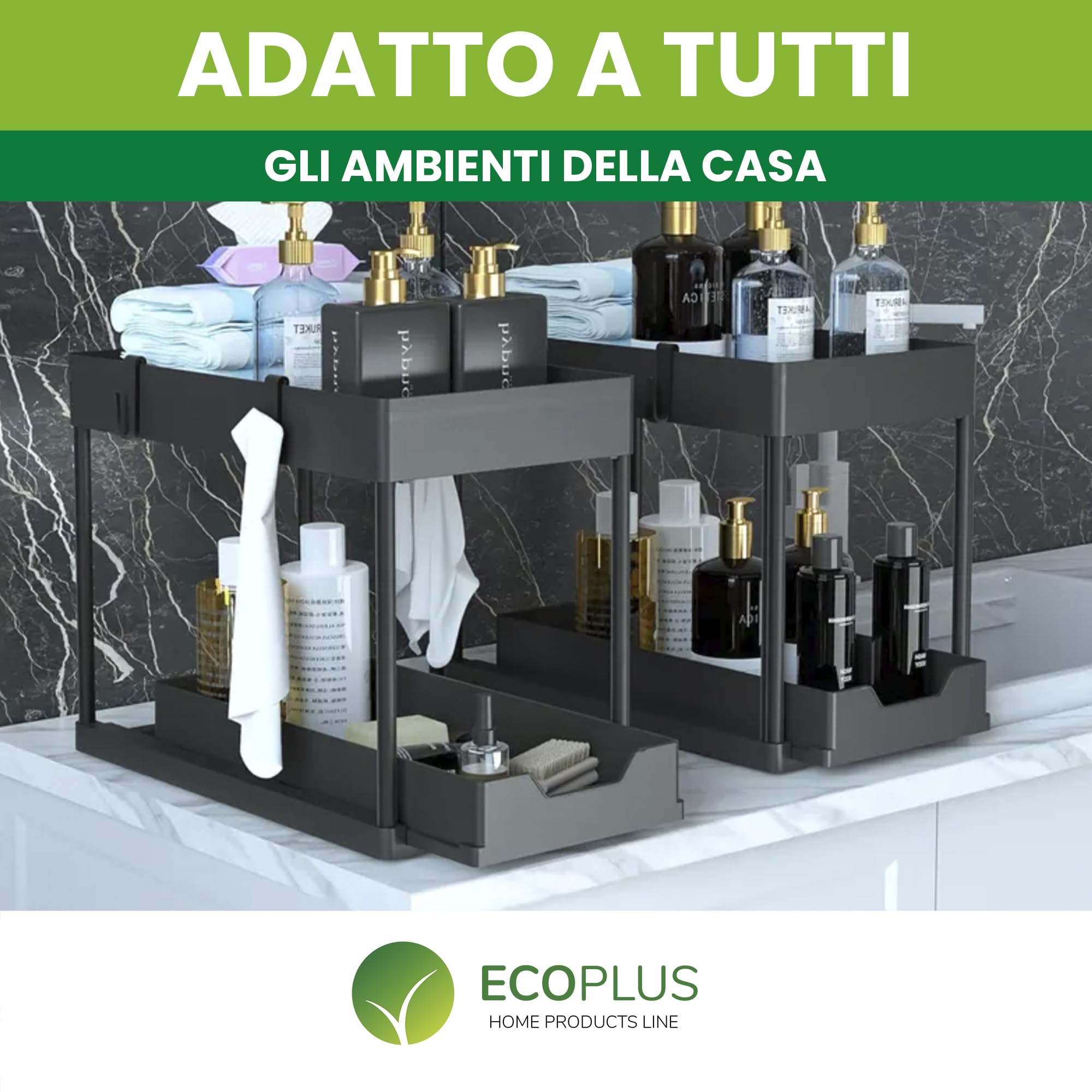 ECOPLUS Organizer Sottolavello Salvaspazio Sottolavabo, Organizzatore Cucina e Bagno, Scaffale Sottolavello Nero (40x22x32 cm) con Portaoggetti, Struttura Resistente, Perfetto per Lavandino e Lavello