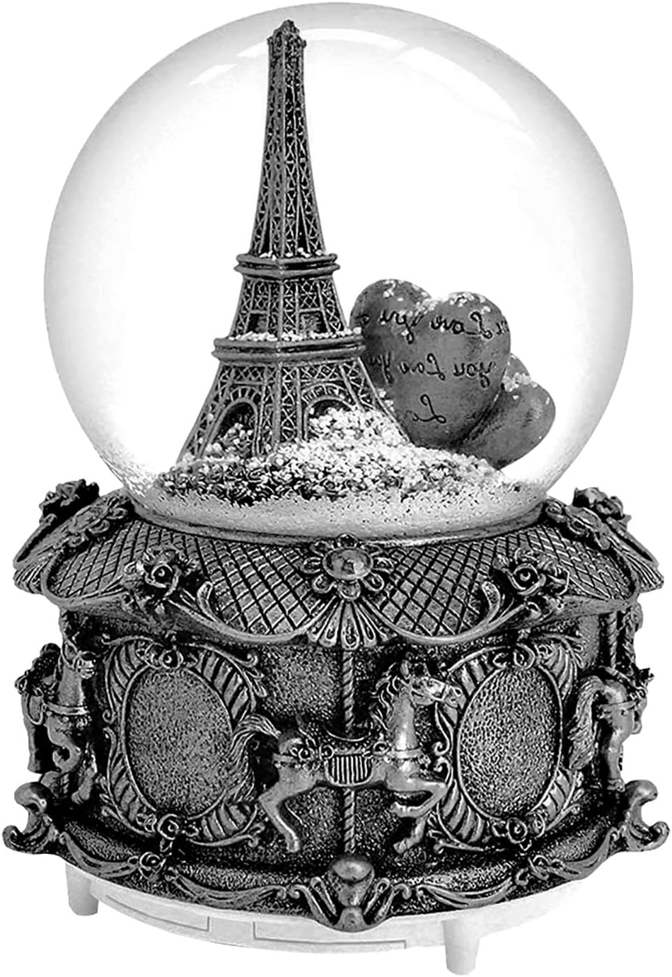 LED Music Snow Globe Vintage Eiffel Tower Buildings Embedded Carousel Retro Home Decoration for Book Shelf Cabinet Floating Board Office Desk Table Top Decor Centerpieces Ornament (Silver A)