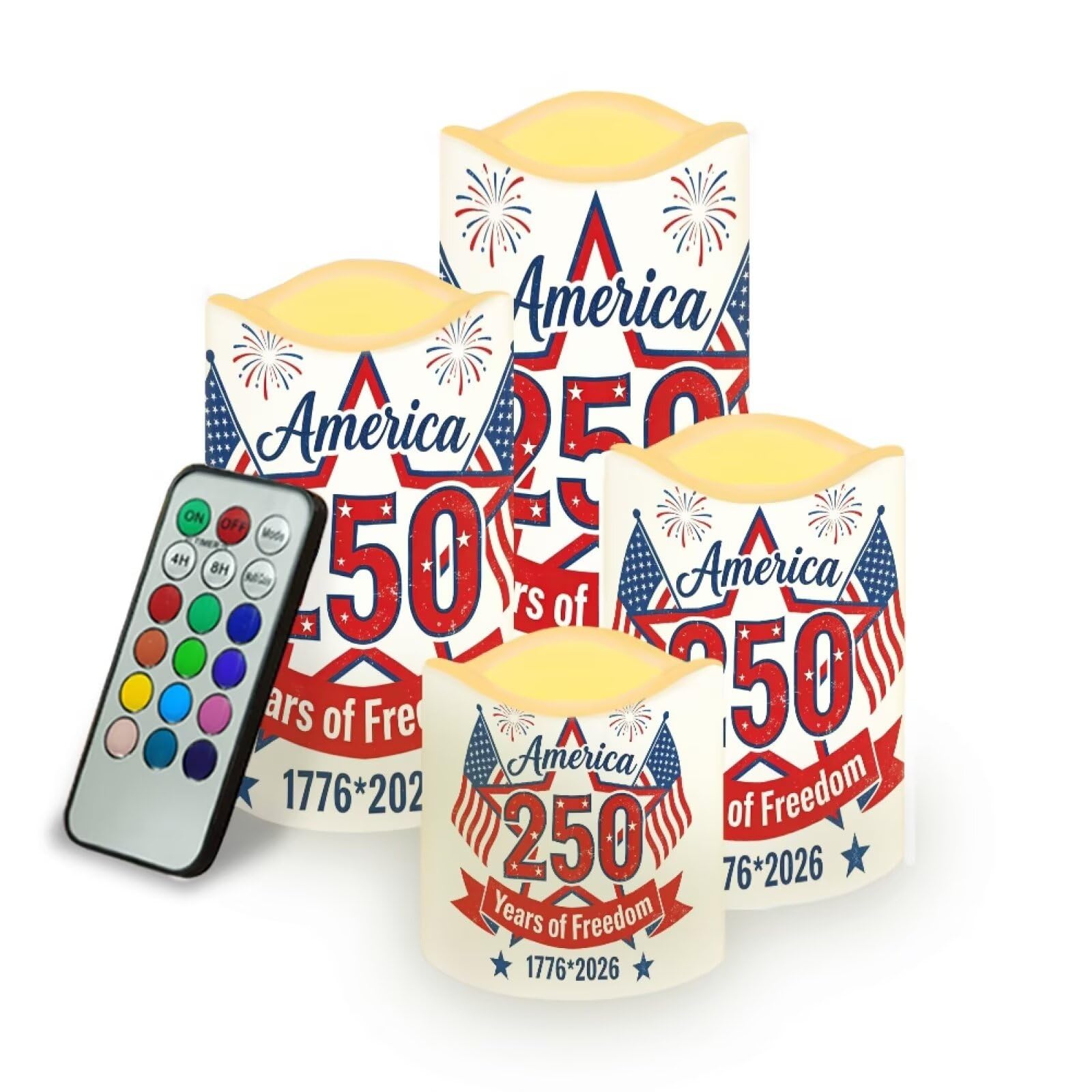 250th Years of American Freedom Electric Candles Patriotic Red White Blue Flameless Candle Set Star Stripes Battery Operated Fake Candles Independence Day Party Supplies, 4 Pack