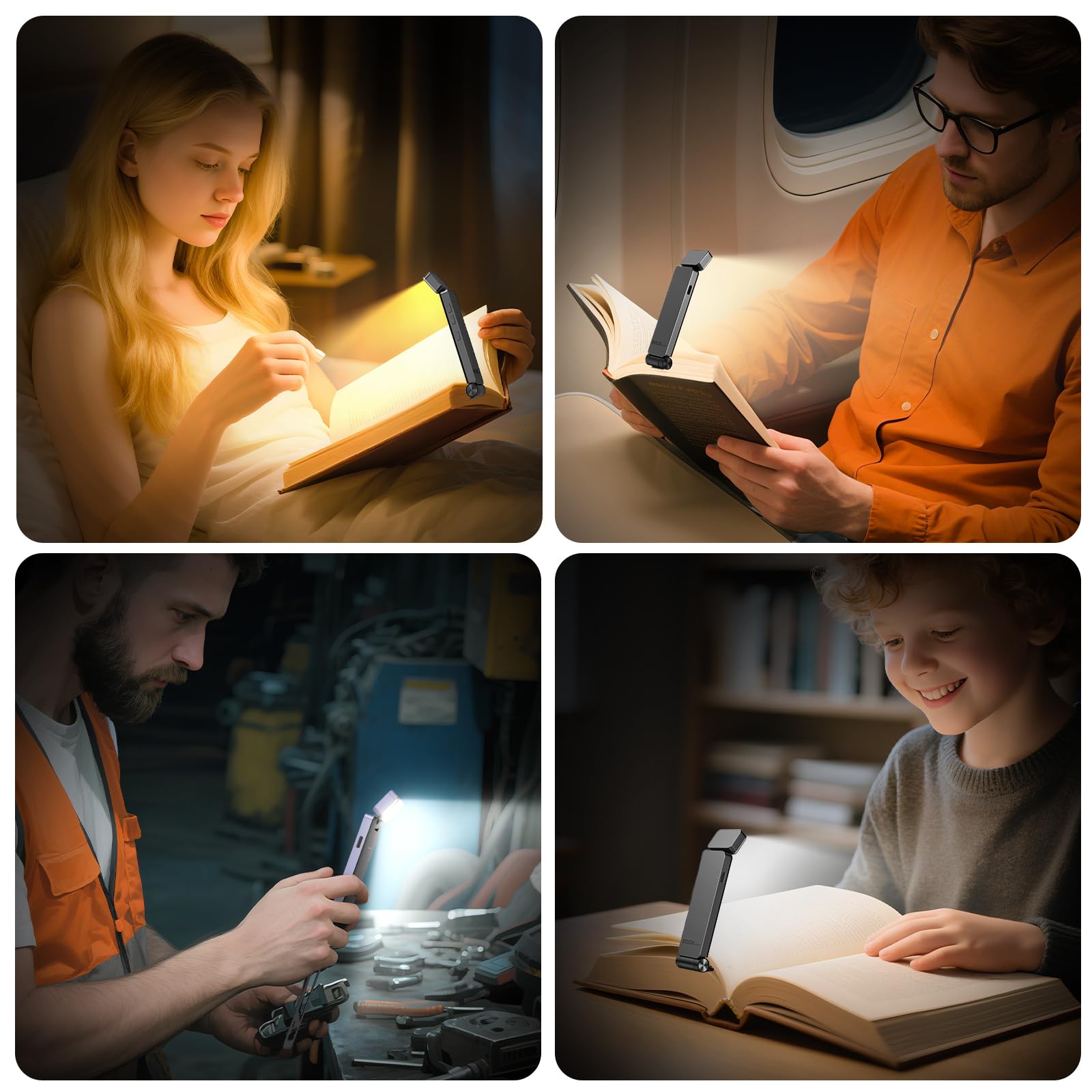 Luz de Lectura, LED Luz Lectura Libros Cama USB Recargable, 3 Colores y 3 Niveles Brillos Continuamente Ajustables, Protección Ocular, Lampara de Lectura Regalo para los Amantes del Libro