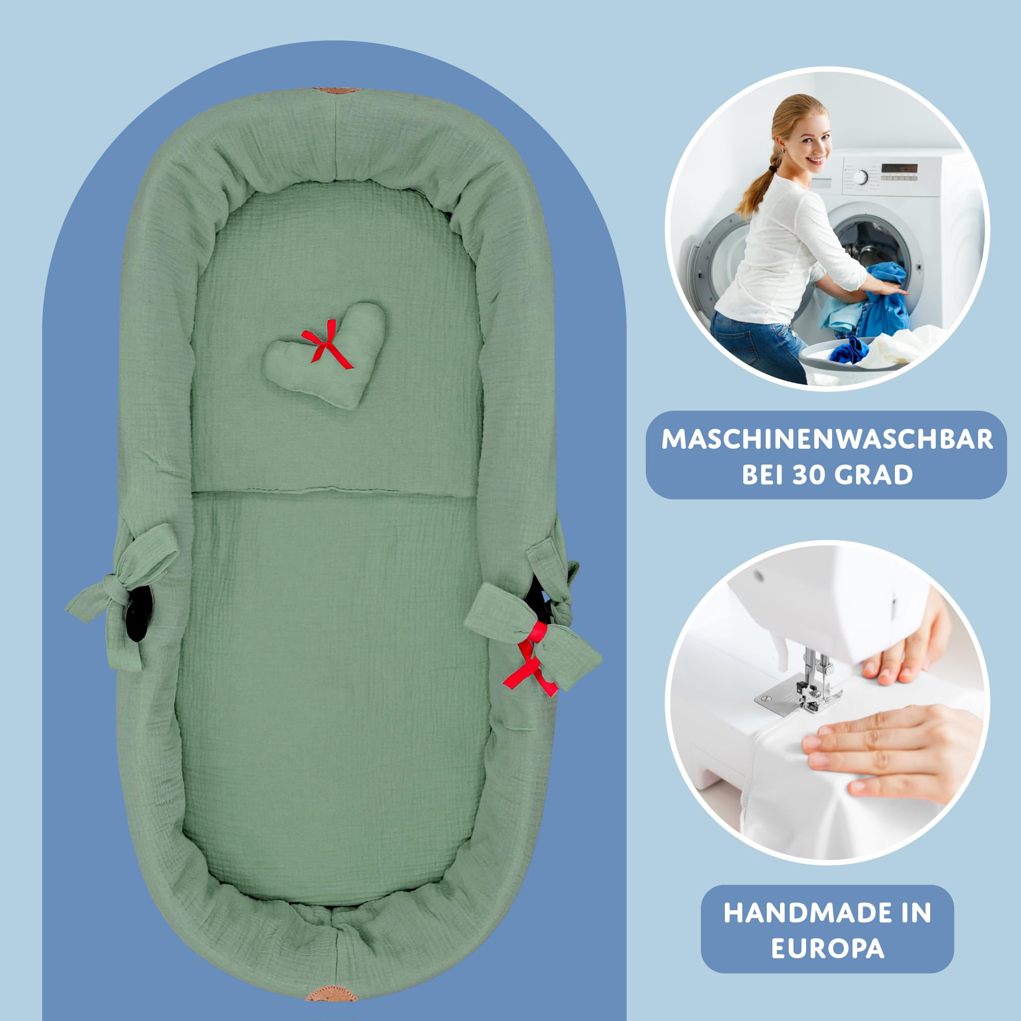 Accessori per passeggino carrozzina mussola neonato Inserto navicella - set 3 pezzi con nido cuscino e materassino cotone morbido inserto Verde