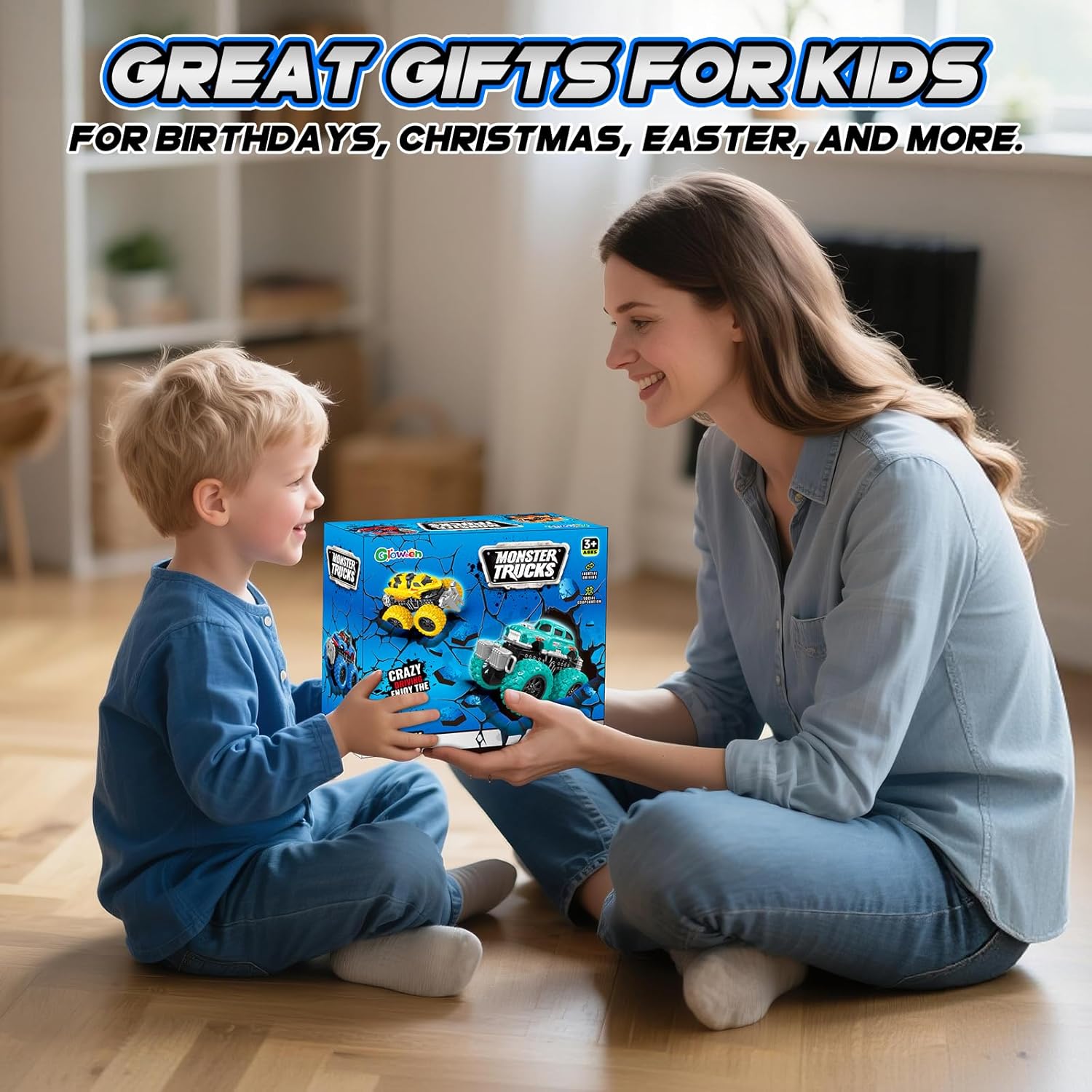Gloween Monster Truck Toys for Kids, 6 Pack Friction Powered Push and Go Cars, Great Christmas Birthday Party Gifts for Boys Girls Age 3-5 4-7