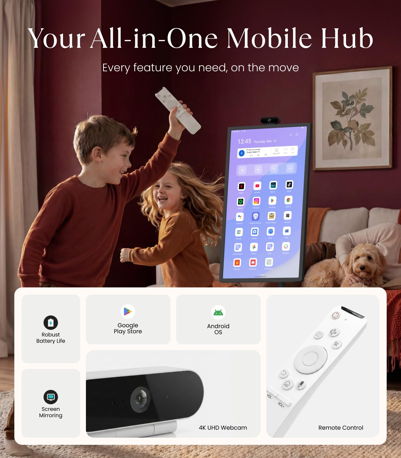 Cozyla Tablet TV: Smart TV portatile da 32 pollici su ruote, monitor touch screen 1080p con batteria integrata, sistema operativo Android con fotocamera 4K, colata wireless, supporto girevole completo