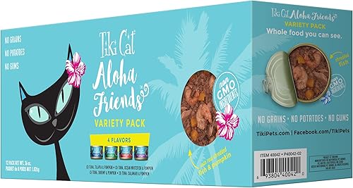 Tiki Cat Aloha Friends - Alimento húmedo para gatos sin granos para todas las etapas de la vida mariscos con recetas de calabaza latas de 3 onzas