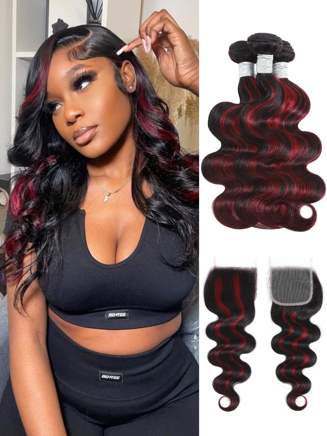 AUROO Burgundy Highlight Body Wave 3 Bundles with 4x4 Closure Human Hair, 12A Virgin Ombre Red 99J Burgundy and Black Brazilian Bundles with HD Lace