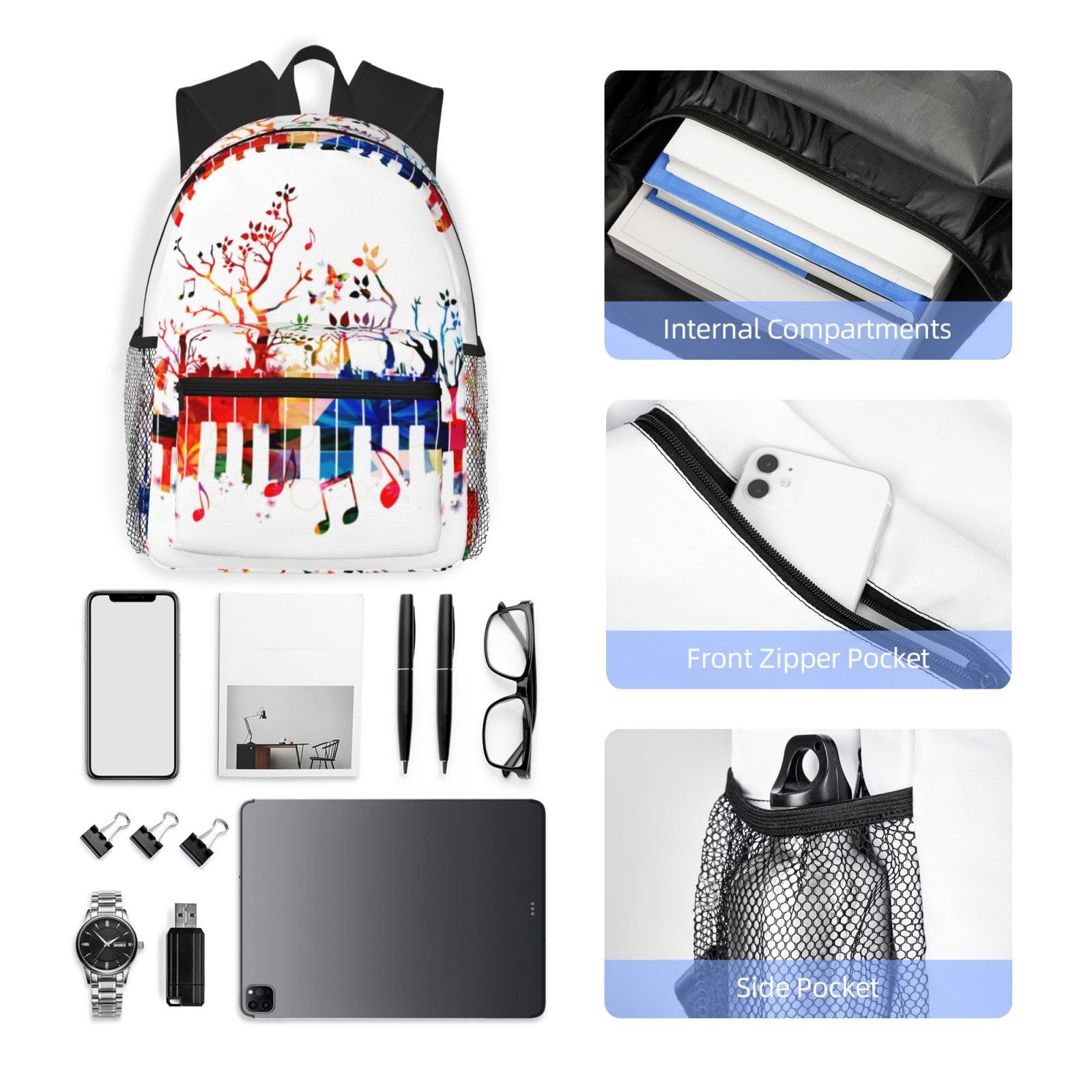 Colorful tastiera pianoforte nota musicale stampato zaino casual leggero borsa da viaggio zaino