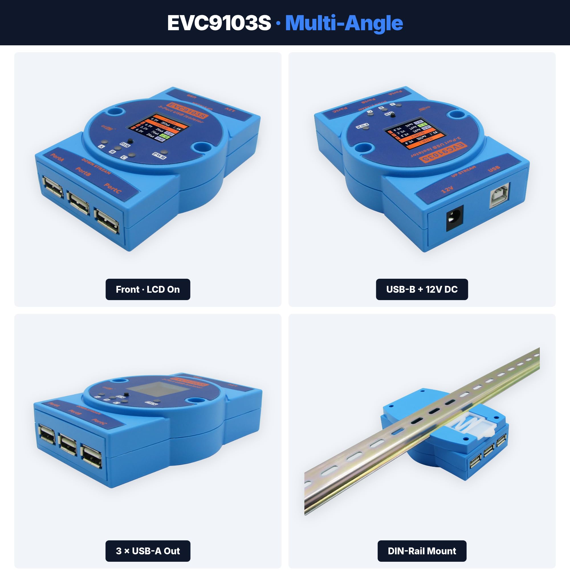 Isolatore USB 2.0 ad alta velocità di grado industriale 1 a 3 porte USB Hub isolato Velocità massima fino a 480Mbps (EVC9103S)