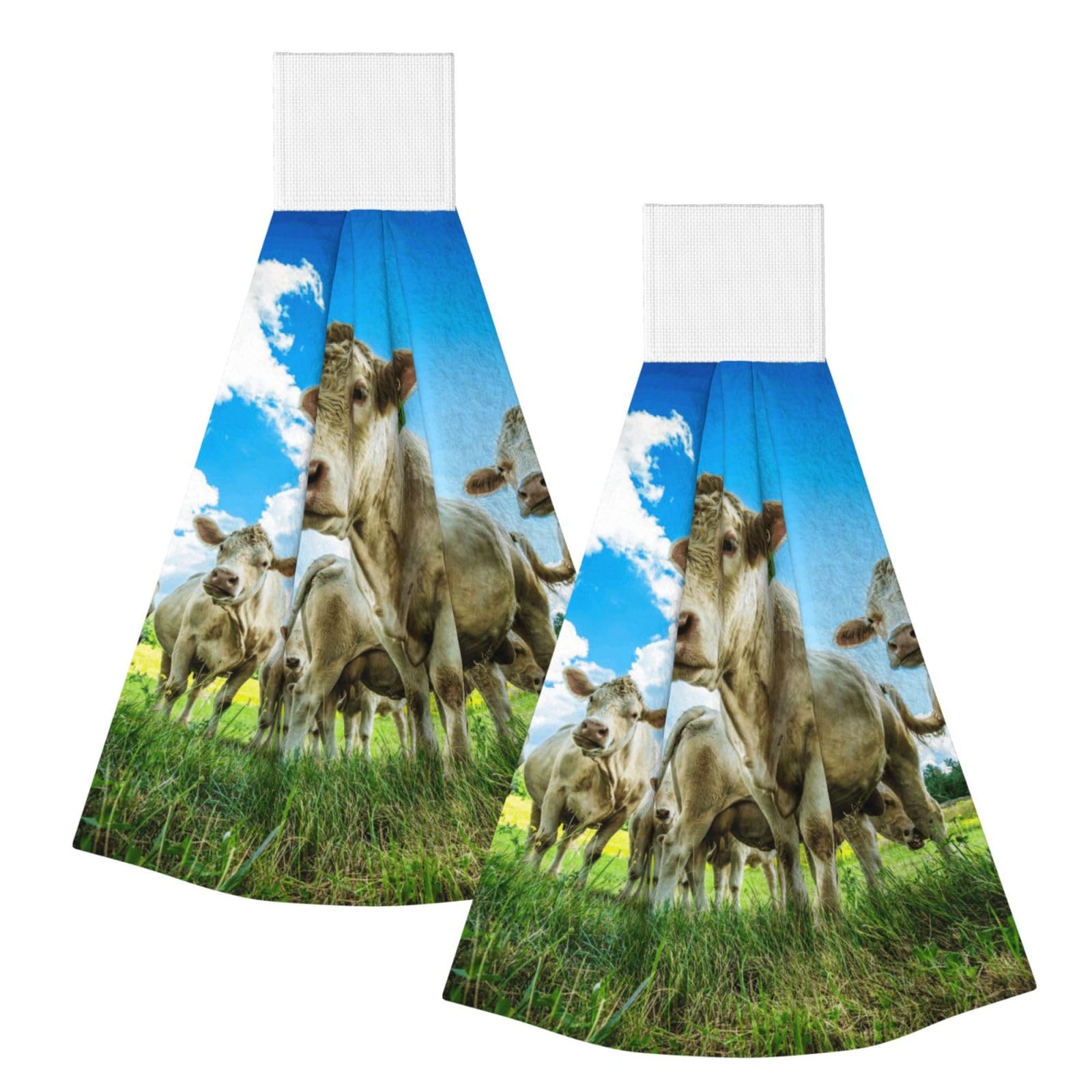 DOPKLNA Cow On The Grassland, 2 Pcs Hanging Coral Fiber Hand Towels for Bathroom, Absorbent Kitchen Towels