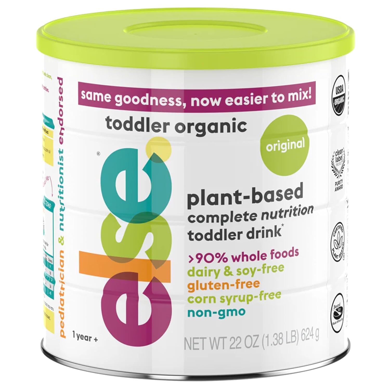 Else Nutrition Organic Toddler Formula, Plant-Based Original Nutritional Drink 12–36 Months Dairy & Soy Free, Supports Immunity & Balanced Growth, 20+ Essential Vitamins | Made in US (22oz, Pack of 1)