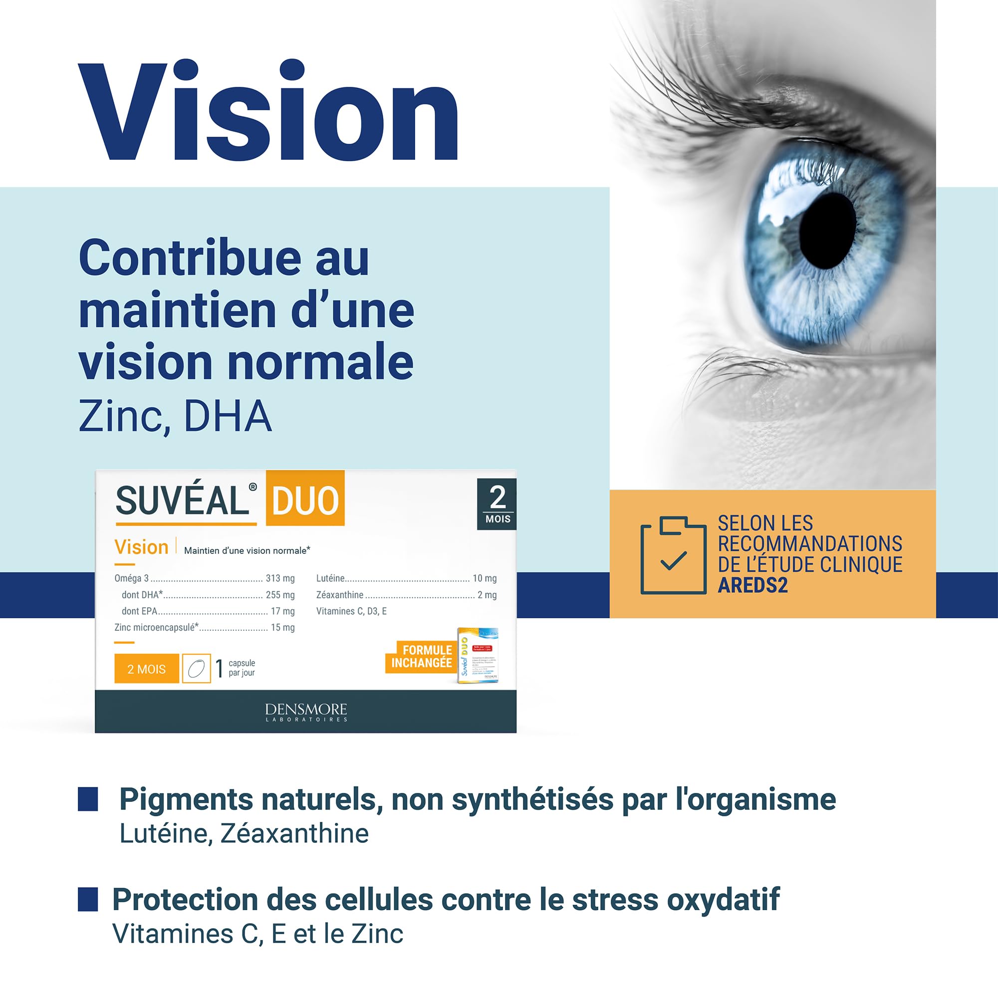 Densmore - SUVEAL Duo - Complément Alimentaire Ophtalmologique à base de DHA (Oméga 3), Lutéine, Zéaxanthine, Vitamines et Zinc - Idéal Vision - 60 Capsules - Cure de 2 mois - Fabriqué en France