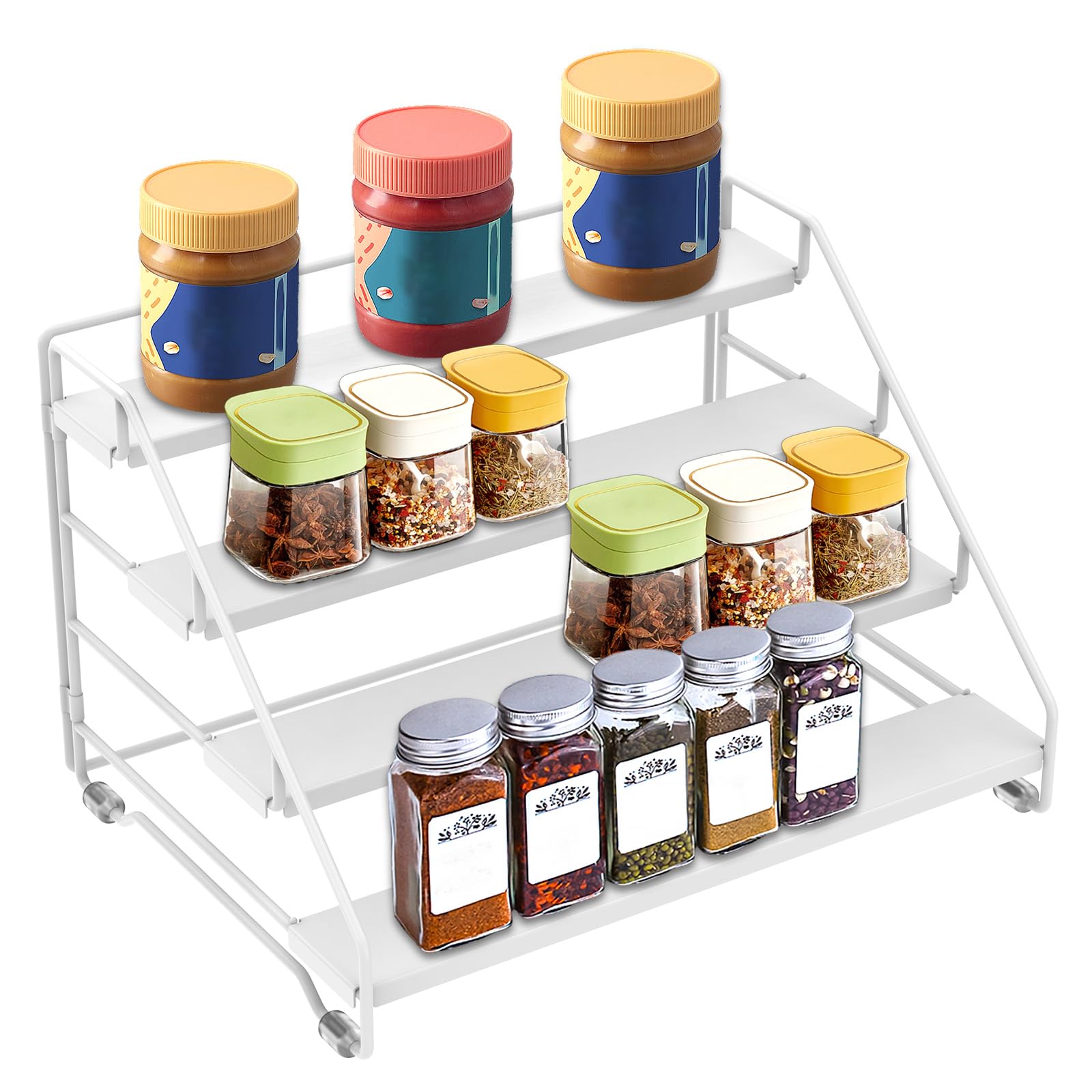 Qinglang White 4 Tiered Spice Rack Organiser Free Standing Kitchen Countertop Organizer Seasoning Holder Rack Spice Storage Organisers For Kitchen Cabinet Bedroom Bathroom(White)