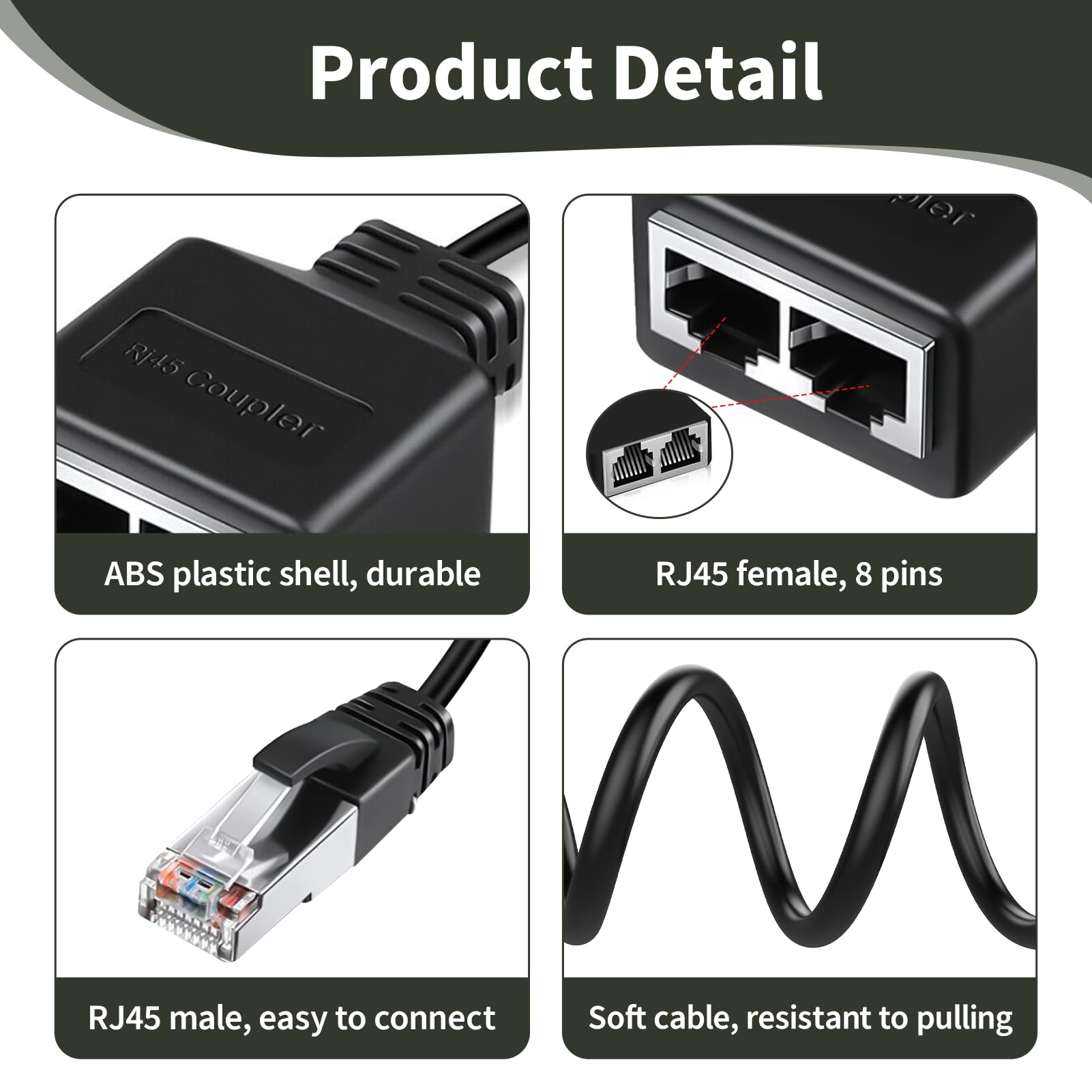 2 Stück RJ45 Splitter Kompatibel mit Cat5 Cat5e Cat6 Cat7, LAN Ethernet Extender, RJ45 Netzwerkadapter 1 auf 2 Ethernet LAN Verteiler, Adapter männlich zu 2 weiblich Router TV PC Modem Netzwerkgeräte