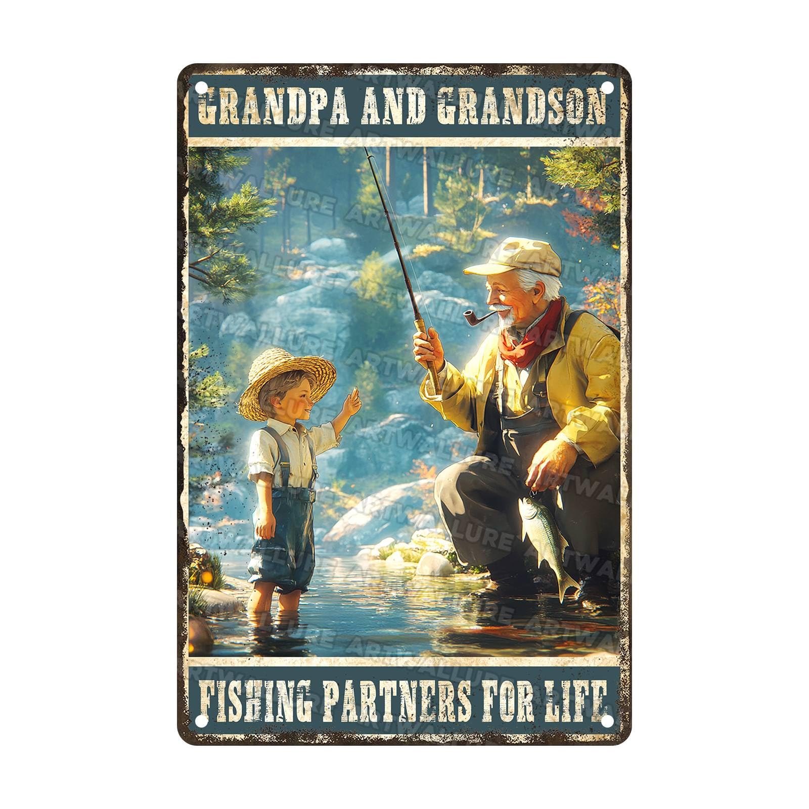 Fun Vintage Fishing Metal Sign Grandpa And Grandson Fishing Partners For Life Metal Poster Home Kitchen Garden Bar Pub Cafe Man Cave Rustic Aluminium Sign 8x12Inch