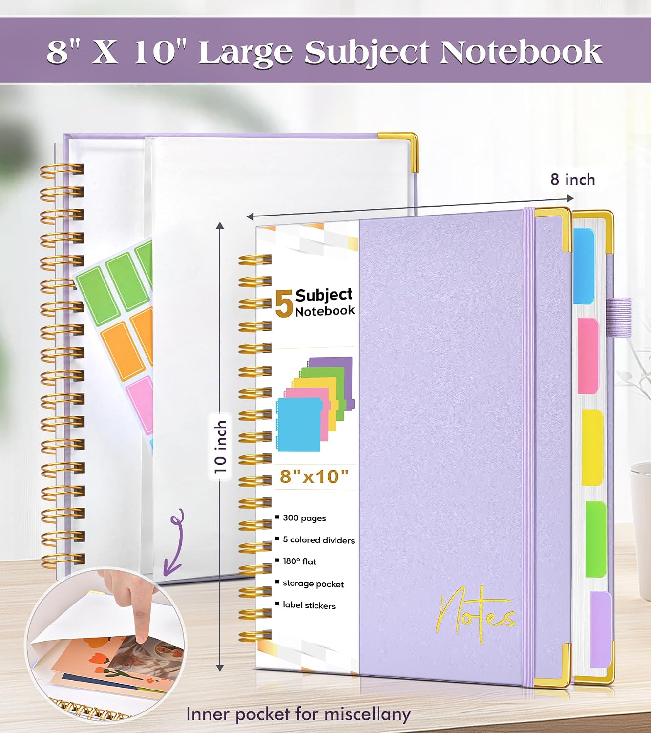 5 Subject Blank Notebook with Removable Dividers Tabs, 300 Pages Hardcover Leather Sketch Book Spiral Journal, 8"x10" B5 Large Sketchbook Notebooks for Women Men Work School Sketching Drawing, Purple image 4