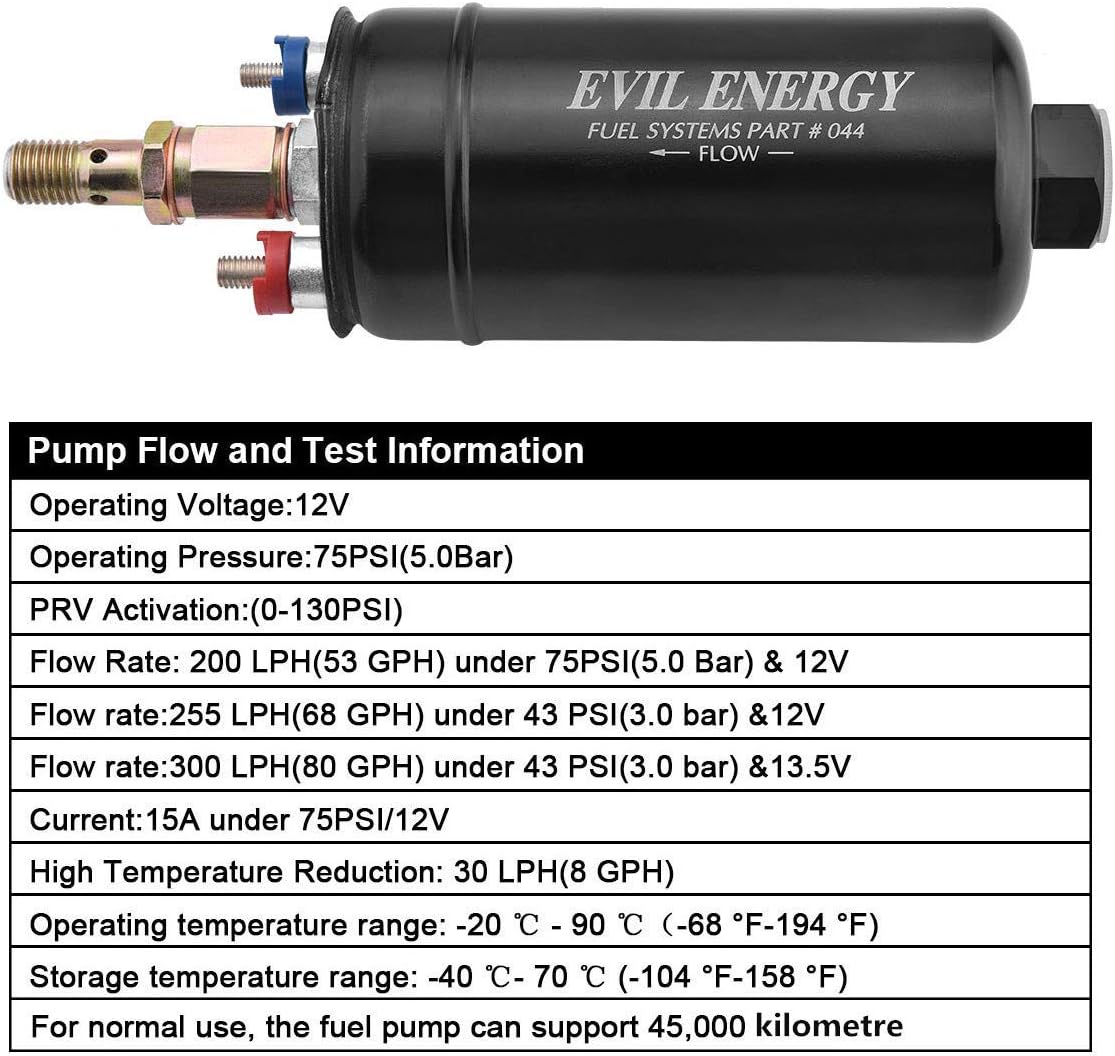 EVIL ENERGY External Inline Fuel Pump Electric 300LPH Bundle with 60mm Fuel Filter Mounting Bracket Black
