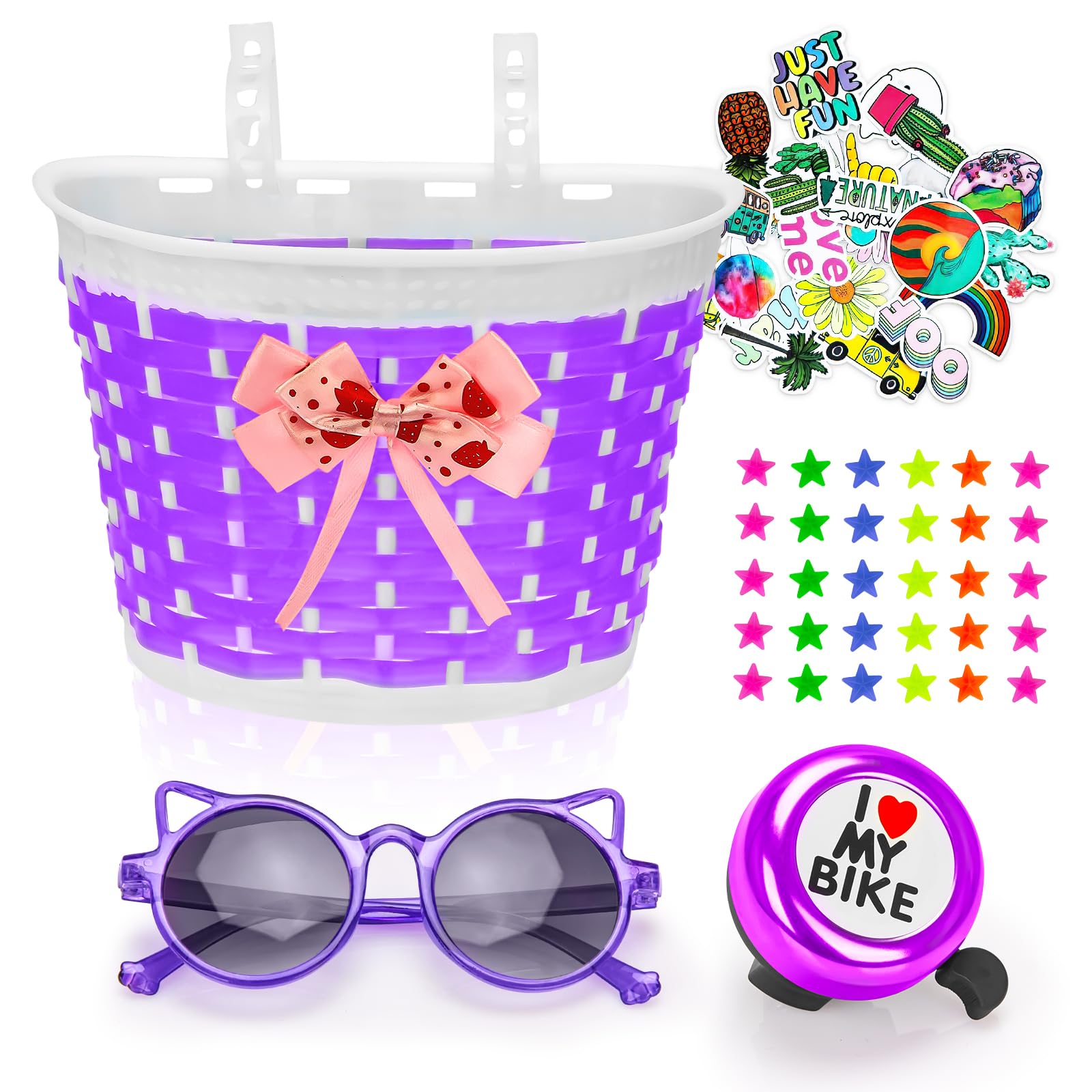 SuericoKids Bike Basket for Girls Boys,Bicycle Basket with Bike Bell Stickers Wheel Spokes Riding Sunglasses,Kids Bike Decorations Accessories