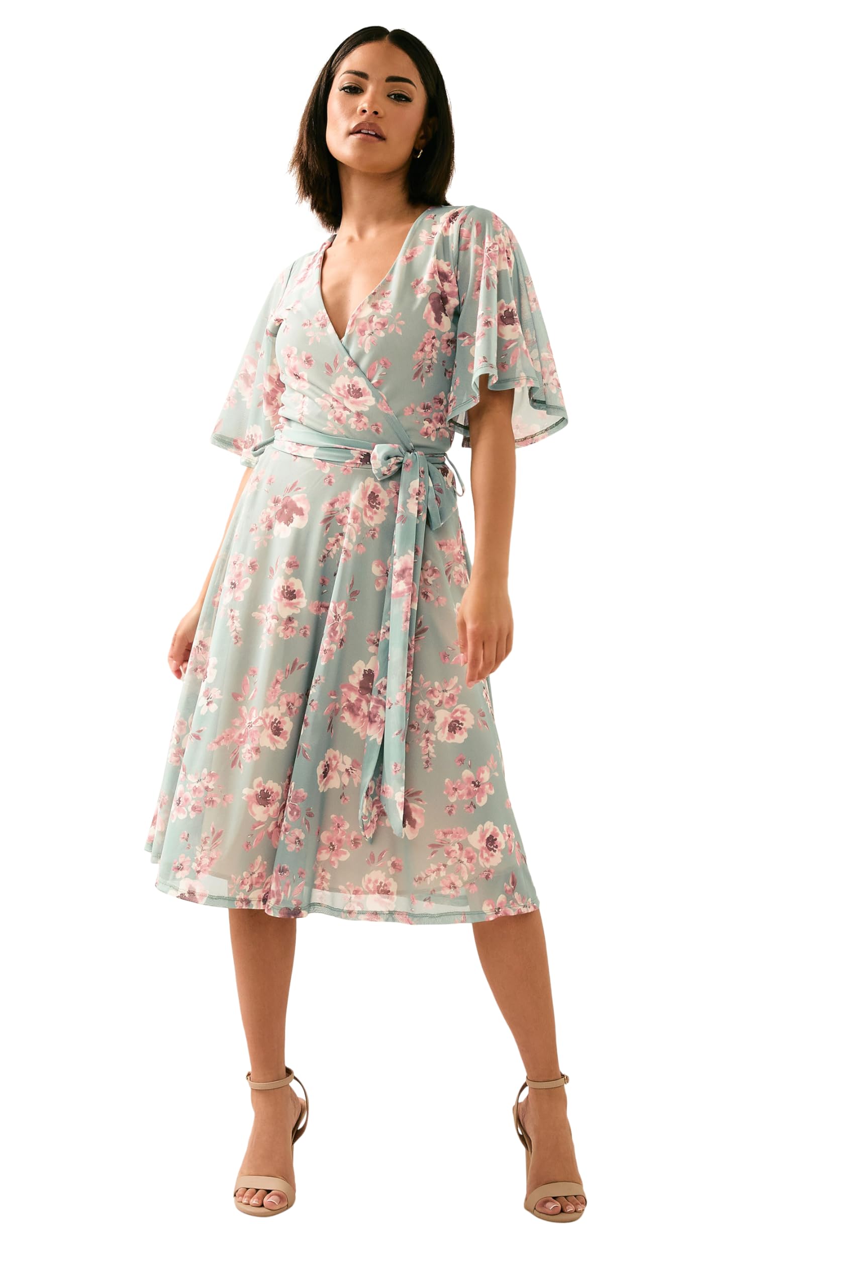 PixieGirl Petite Sage Green Mesh Floral Wrap Midi Dress Petite