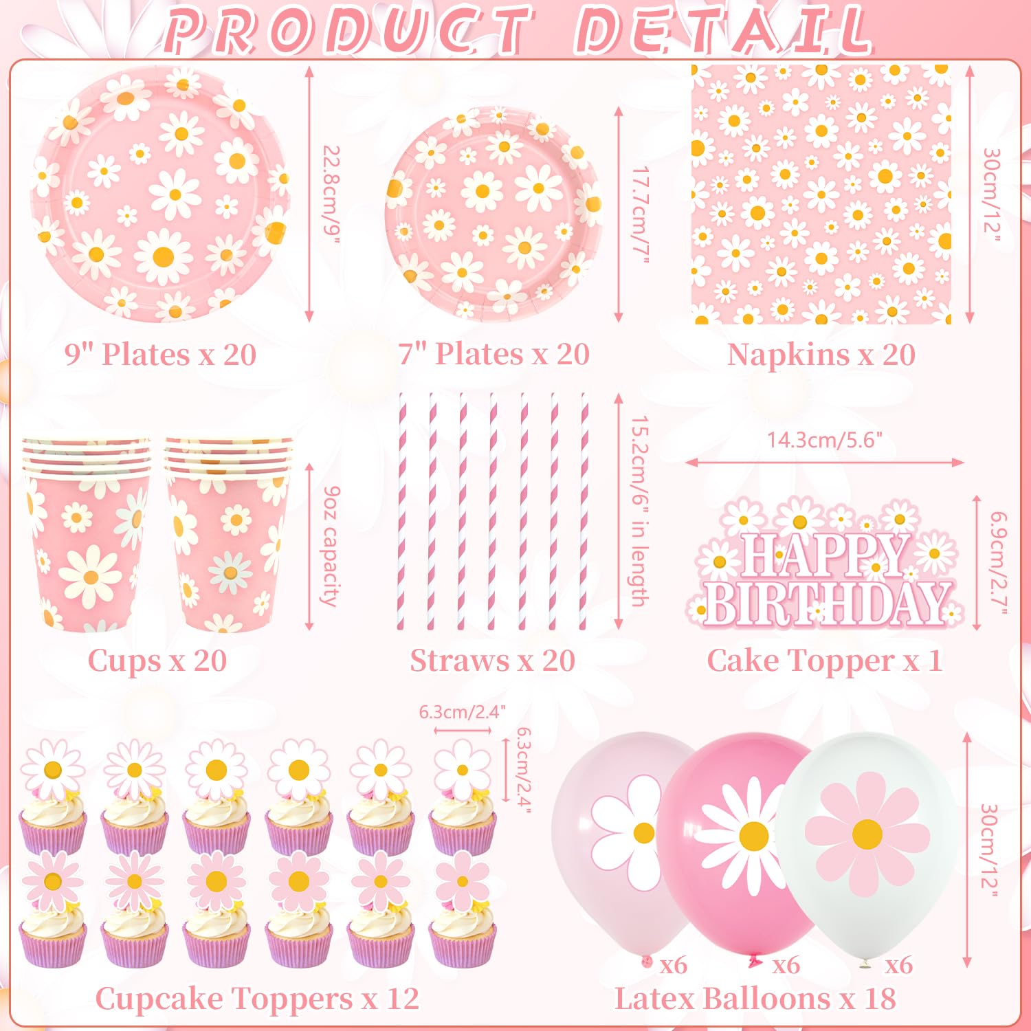 Pink Daisy - Decorazioni per feste di compleanno per ragazze, accessori per feste con striscioni, piatti, decorazioni per torte, bicchieri, tovaglioli, palloncini, tovaglie, per 20 persone