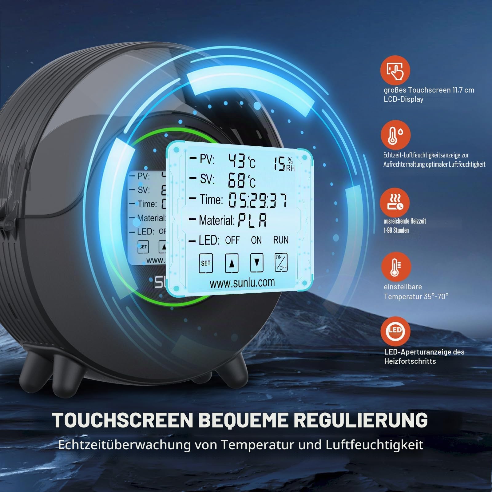 [Neueste Aktualisierung] SUNLU S2 Filament Trockner für FDM 3D-Drucker für Schnelles und Gleichmäßiges Trocknen, mit Lüfter 360° Rundumheizung und 4,6" Touchscreen, Dryer