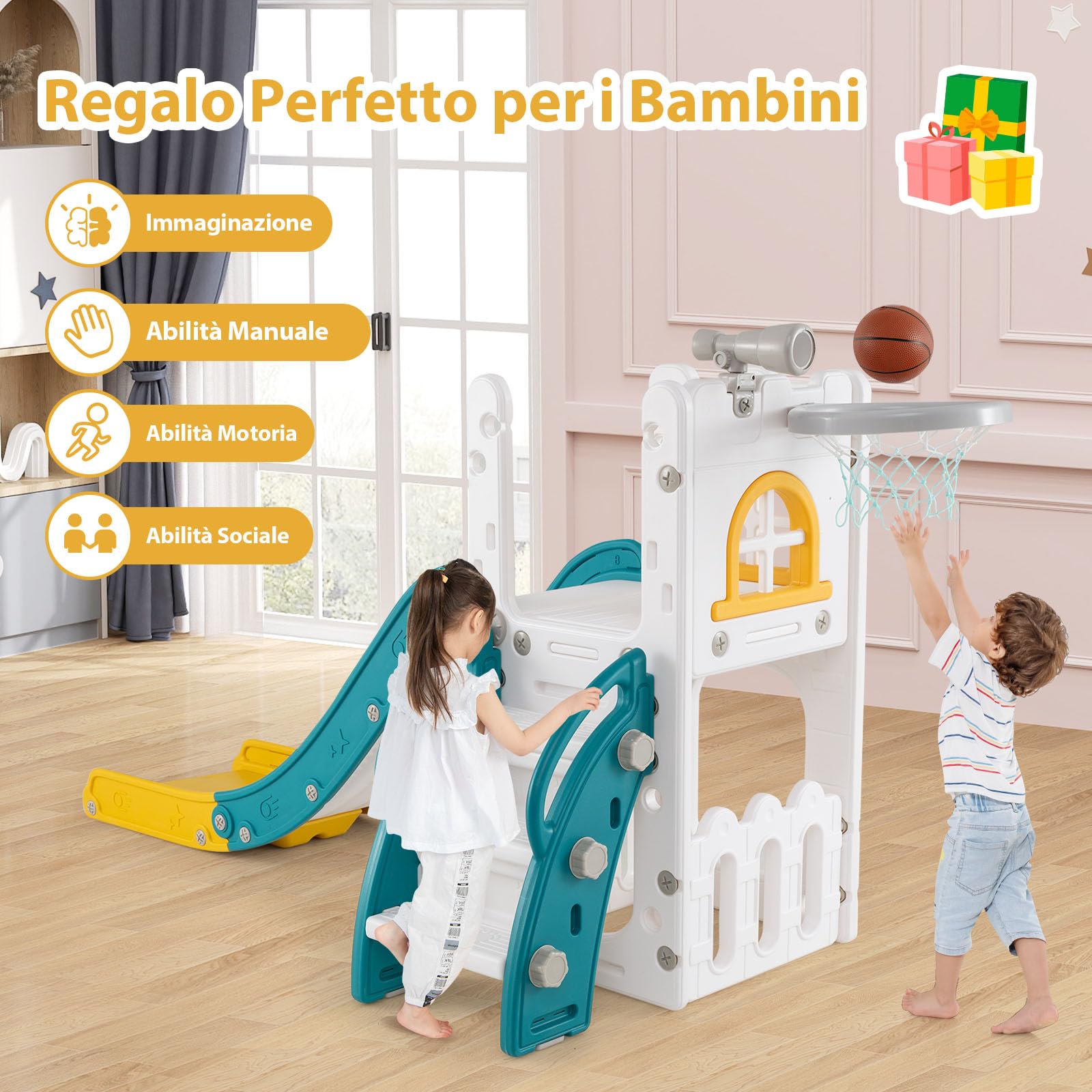 COSTWAY 6 in 1 Scivolo per Bambini, Set da Gioco a Forma di L con Canestro da Basket e Telescopio, Spazio di Archiviazione, Scivolo da Interno ed Esterno per 1 Anni+ (Giallo)
