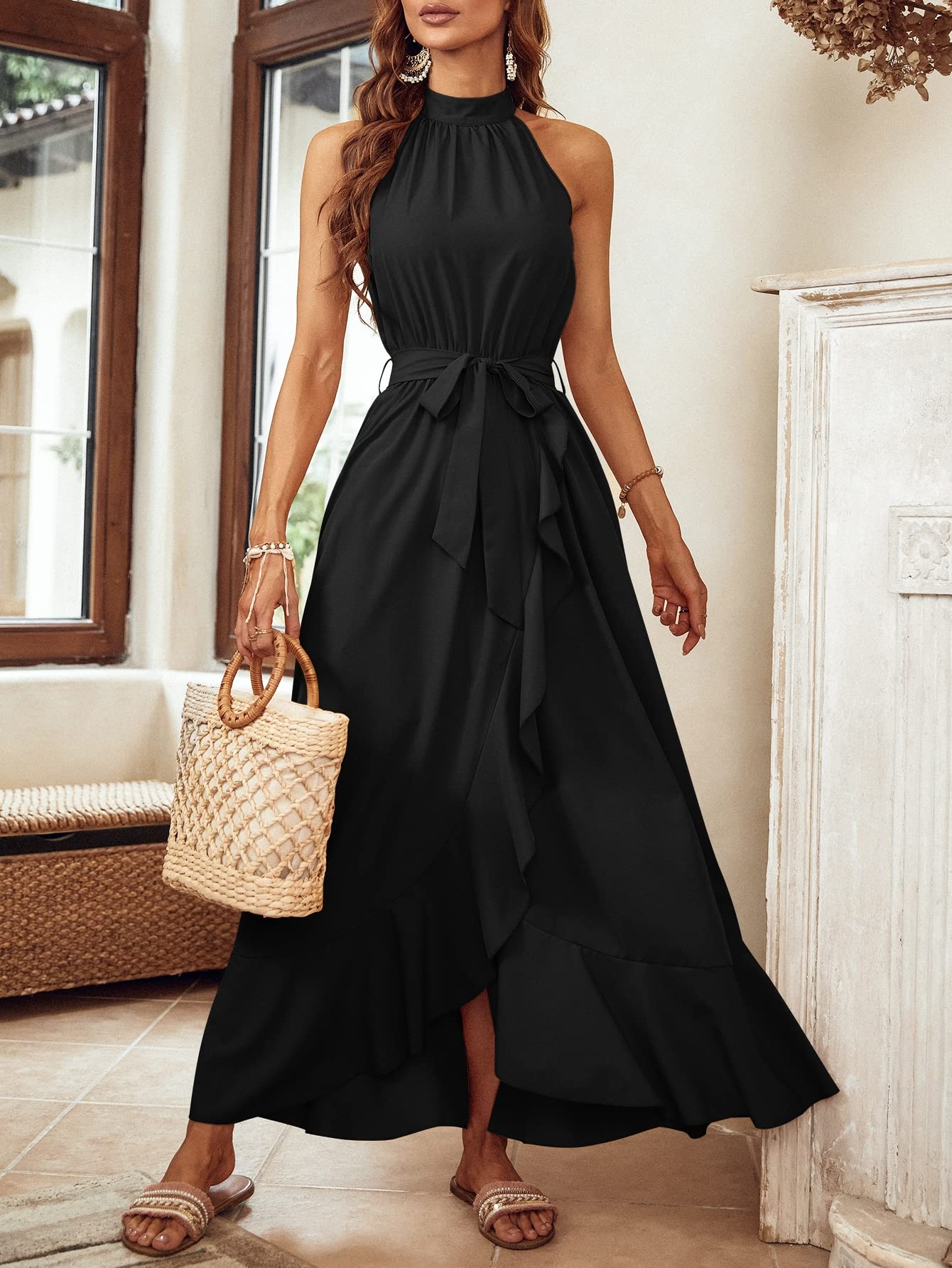 slim fit dress slacks Contrast Polka Dot Halter Neck Puff Sleeve Midi Dress – Buxom Couture main image 1