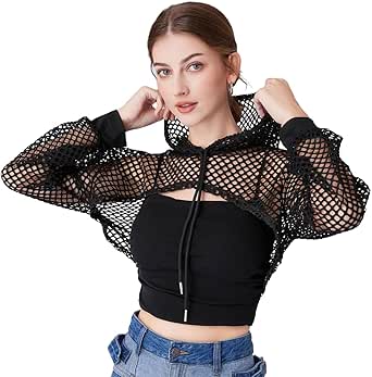 Women Mesh Crop Top Fishnet Hoodie Rave Tops Long Sleeve See Through